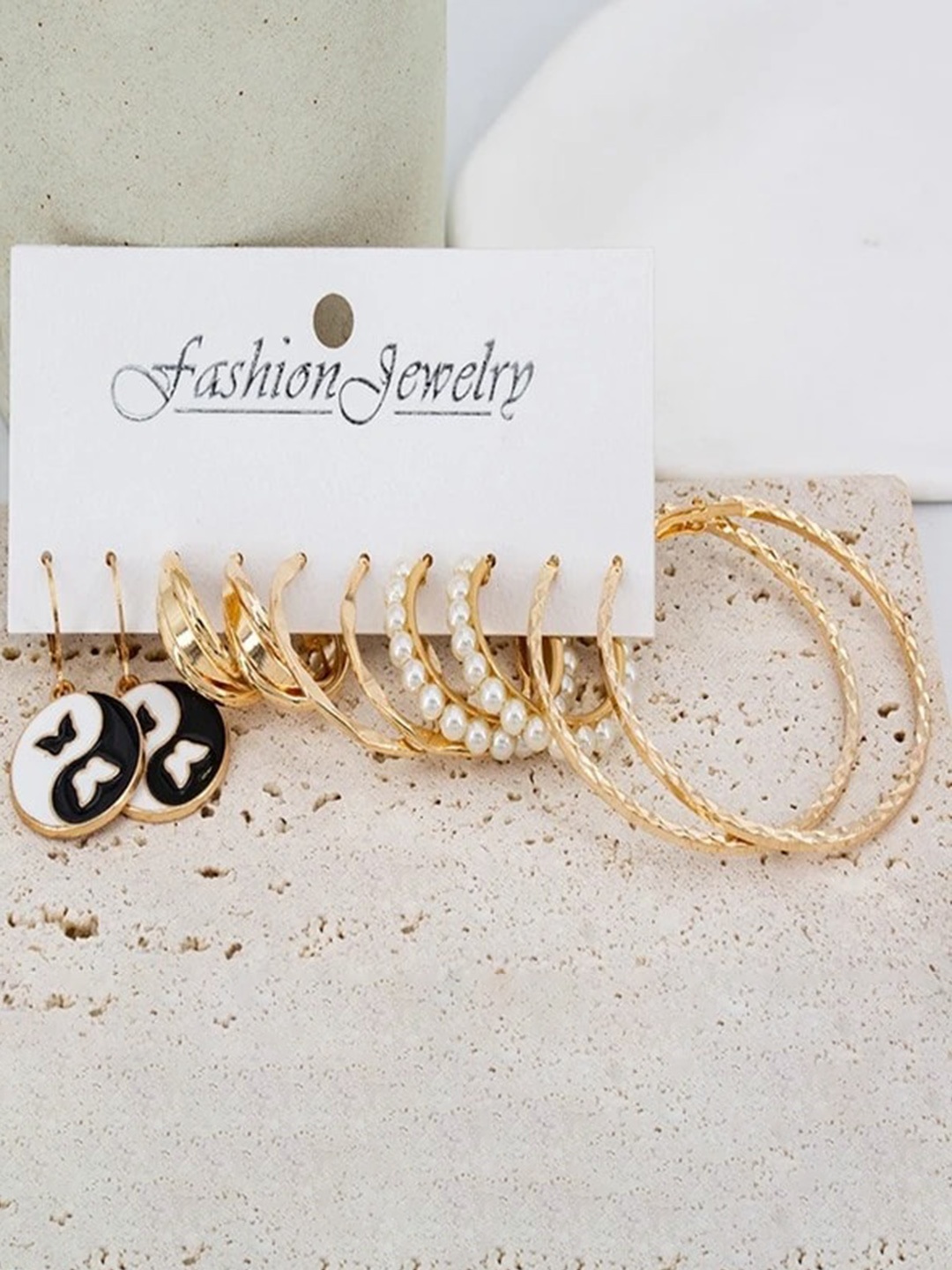 

KRYSTALZ Set Of 5 Gold-Plated Artificial Stones Circular Drop & Hoop Earrings
