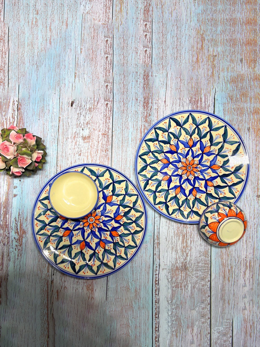 

CasaTrunk Cream-Coloured & Blue 8 Pieces Hand Painted Printed Ceramic Glossy Dinner Set