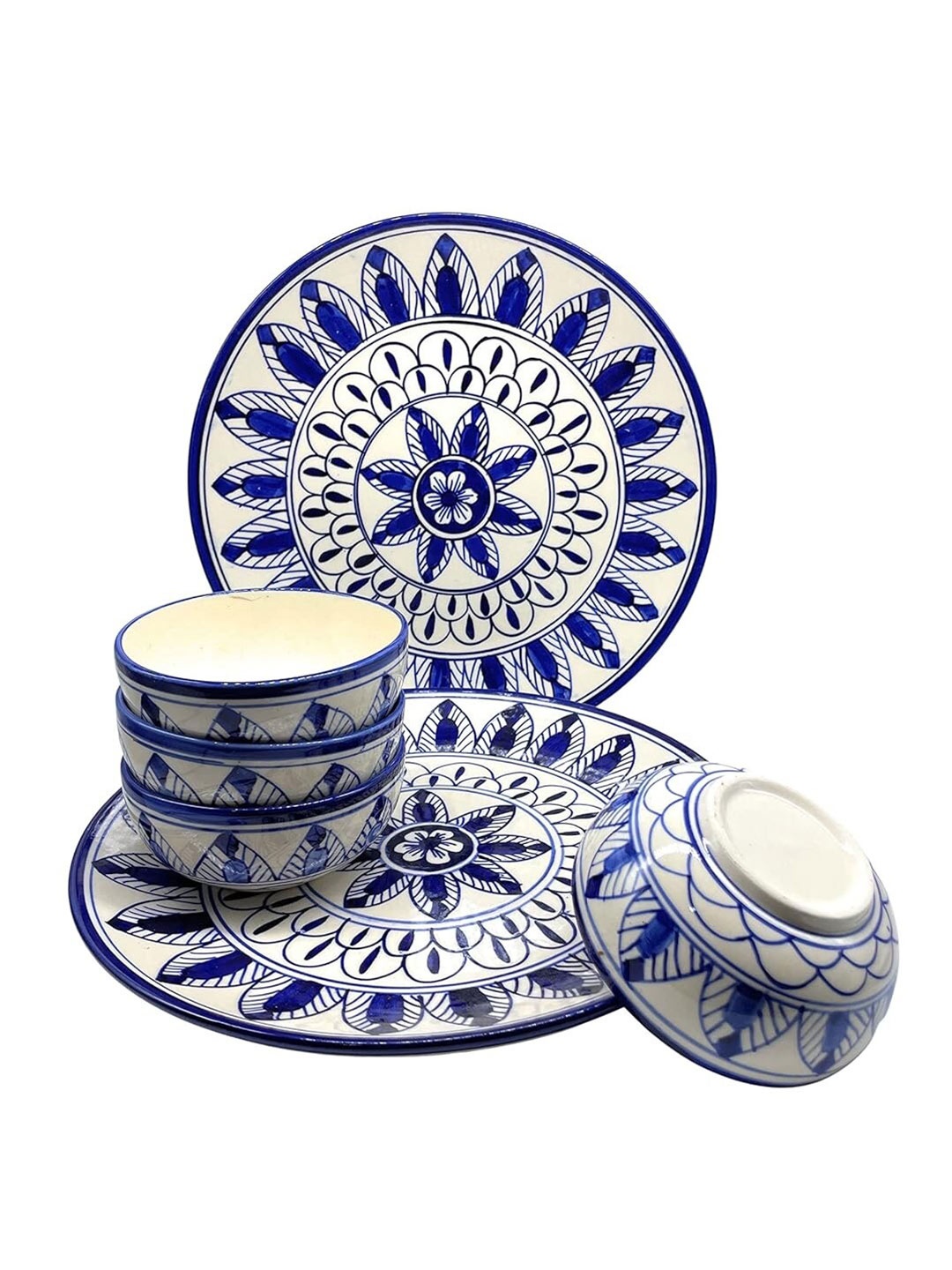 

CasaTrunk Blue & White 8 Pieces Hand Painted Printed Ceramic Glossy Dinner Set