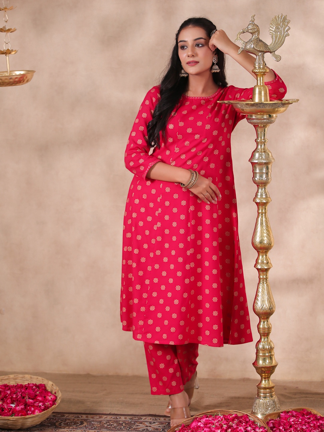 

Anubhutee Ethnic Motifs Printed A-Line Kurta with Trousers, Red