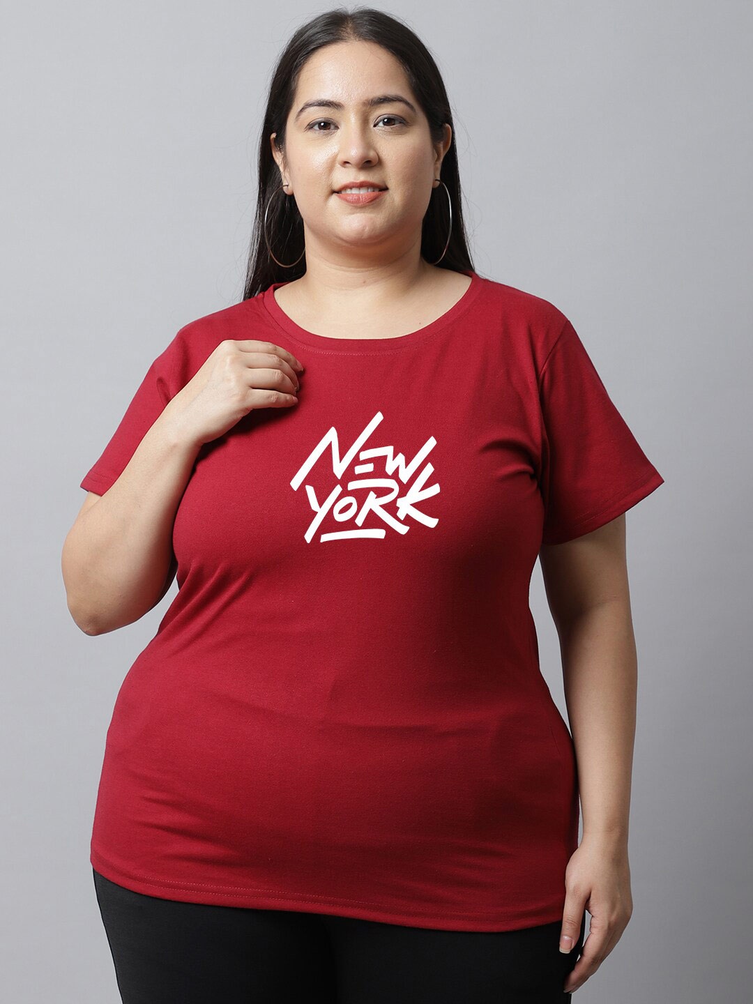 

UnaOne Plus Size Typography Printed Cotton T-Shirt, Maroon