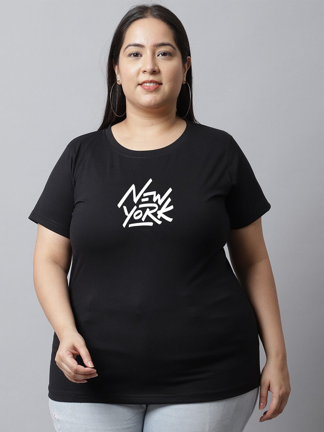 

UnaOne Plus Size Typography Printed Regular Fit Cotton T-shirt, Black