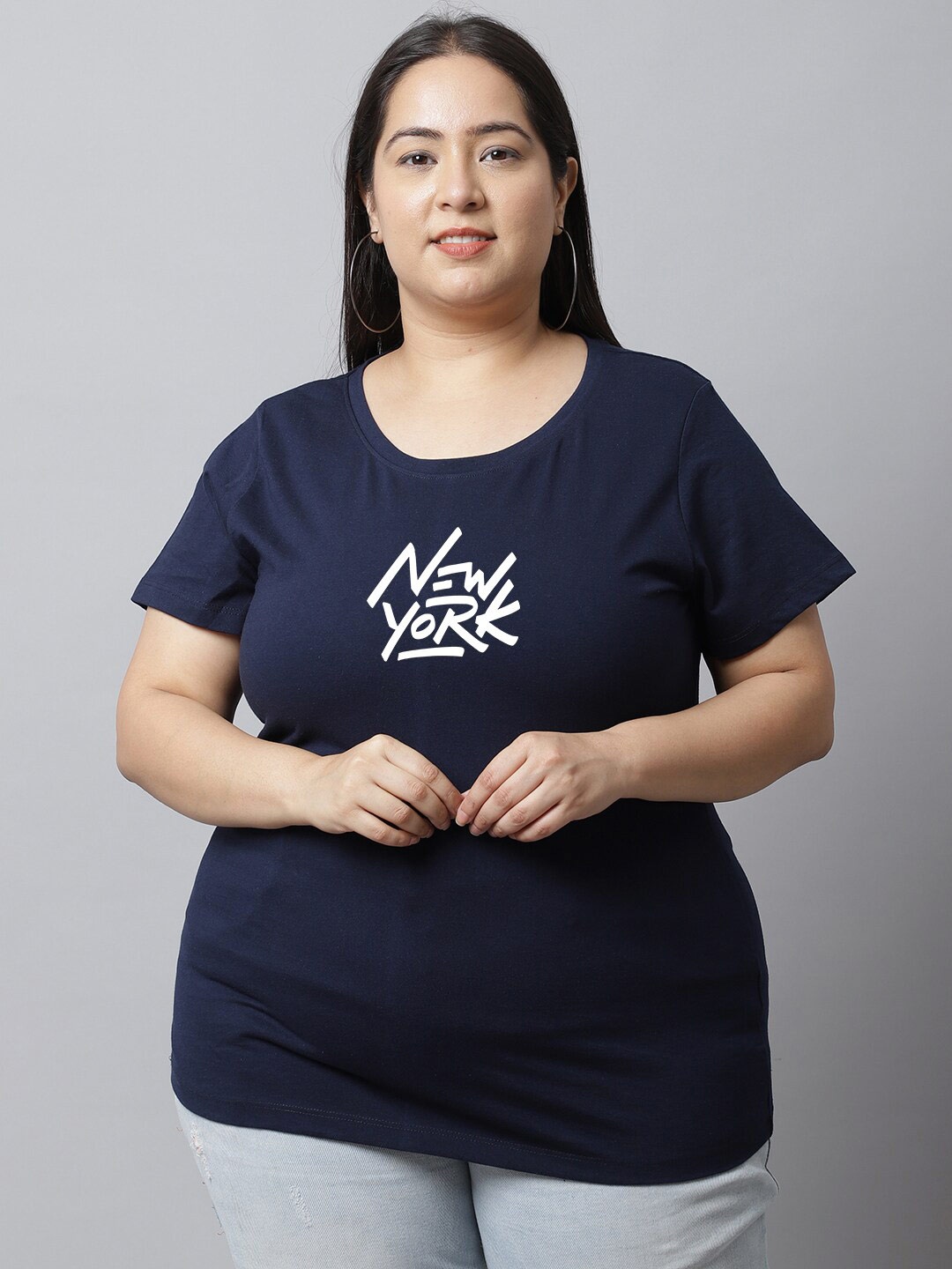 

UnaOne Plus Size Typography Printed Regular Fit Cotton T-shirt, Navy blue