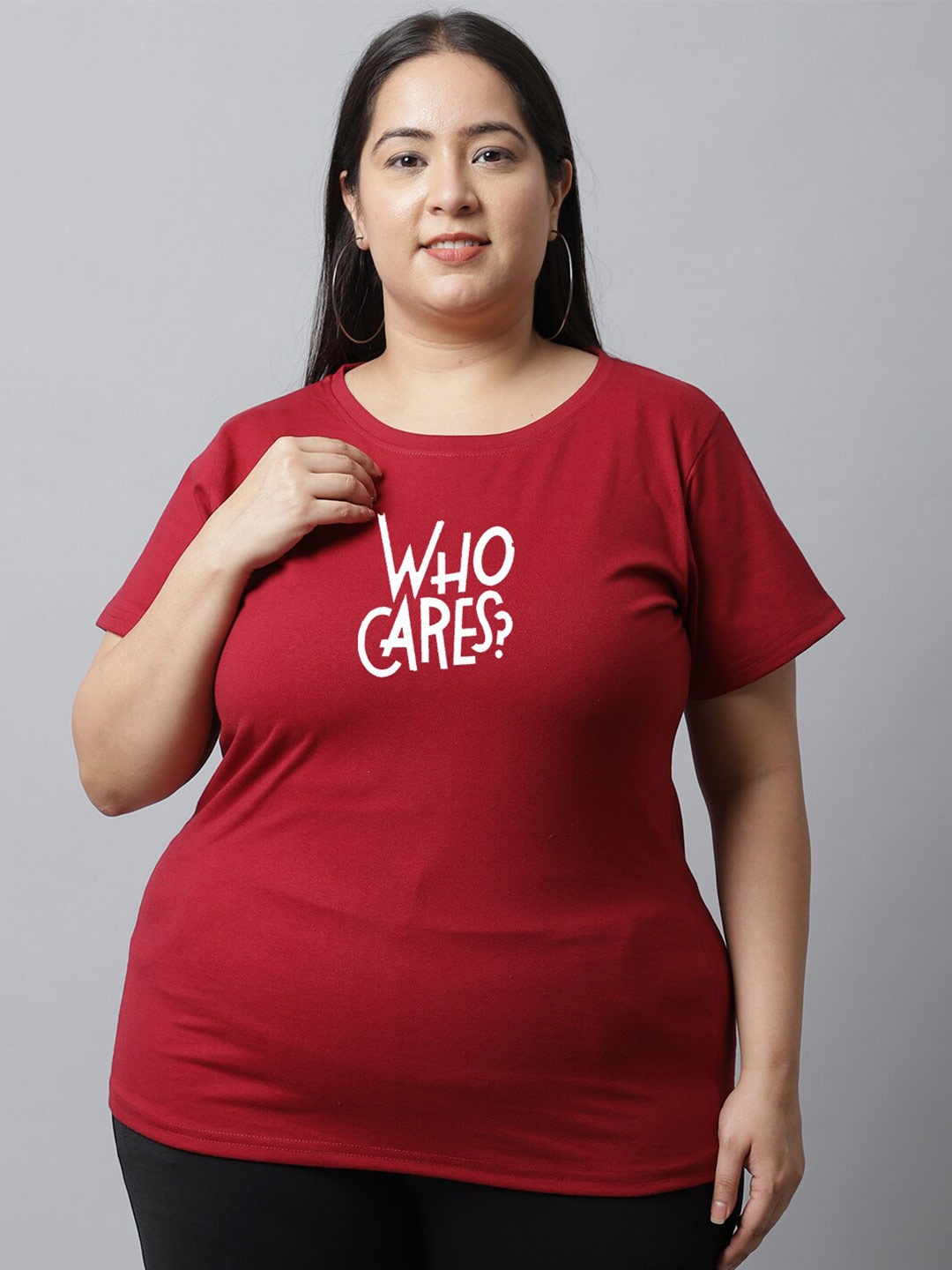 UnaOne Plus Size Typography Printed Cotton T-Shirt, Maroon