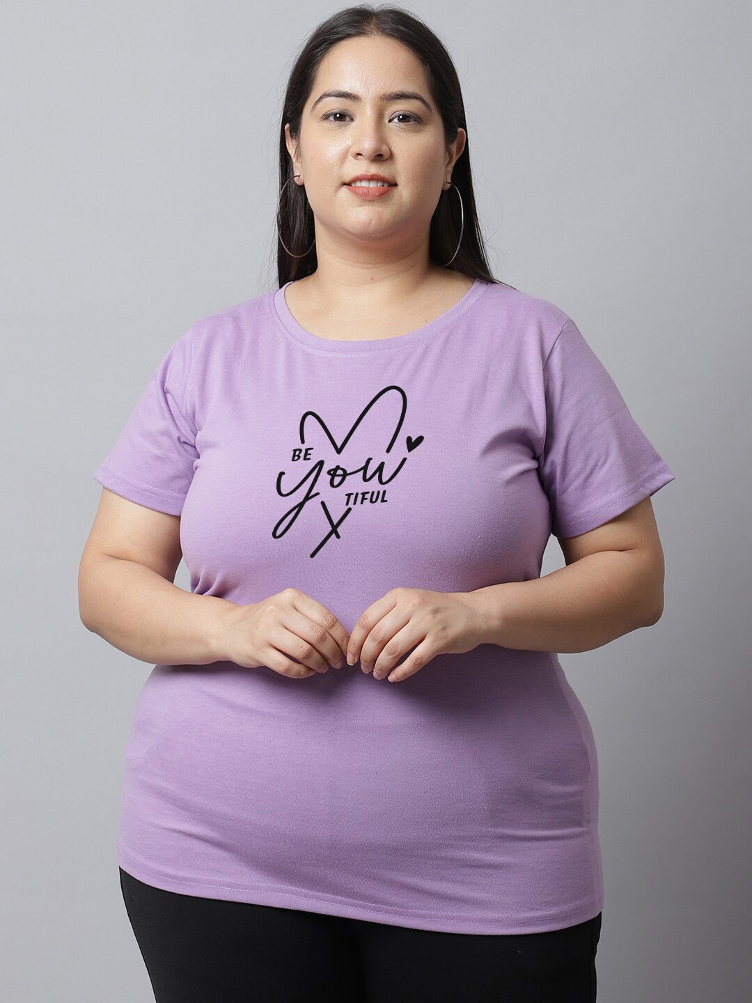 UnaOne Plus Size Typography Printed Regular Fit Cotton T-shirt, Purple