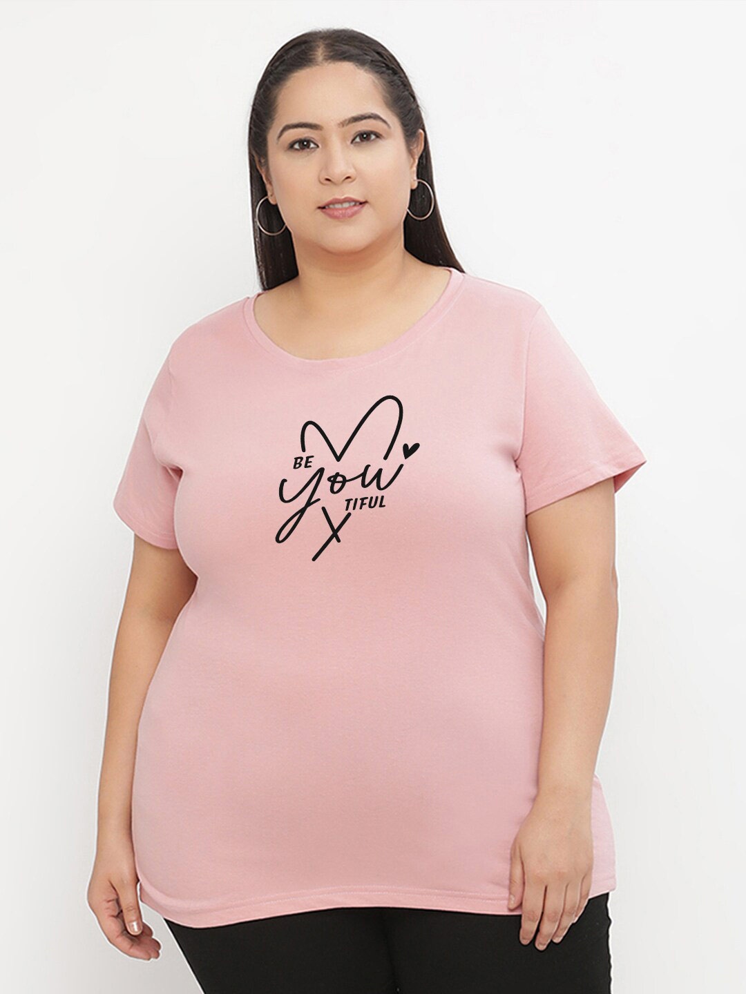 

UnaOne Plus Size Typography Printed Regular Fit Cotton T-shirt, Peach