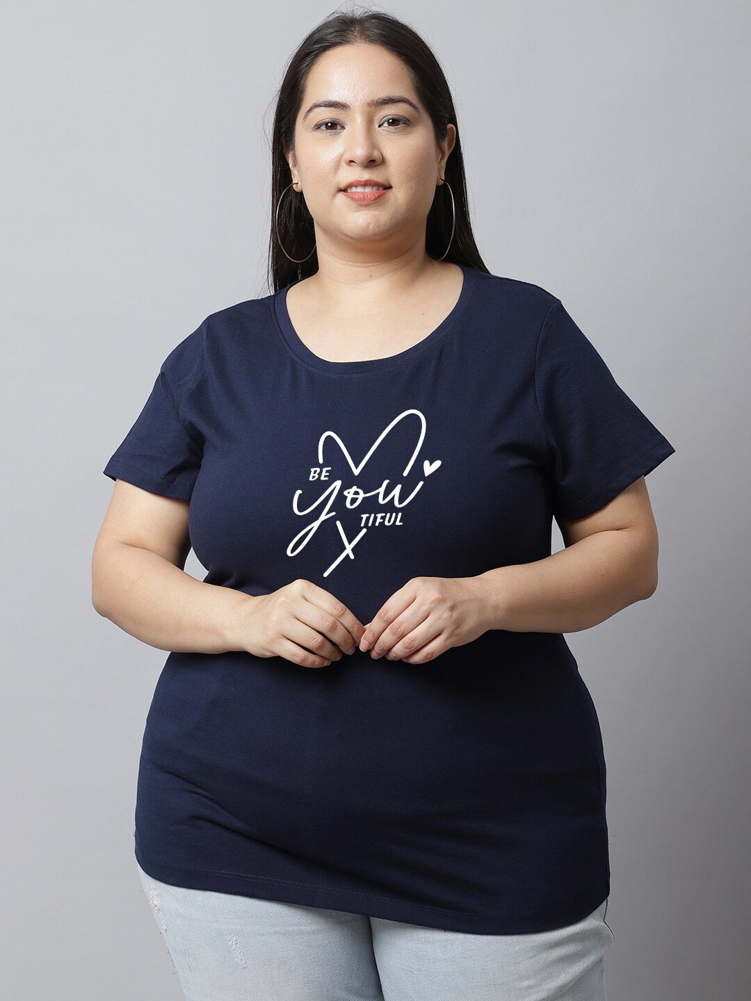 

UnaOne Plus Size Typography Printed Regular Fit Cotton T-shirt, Navy blue