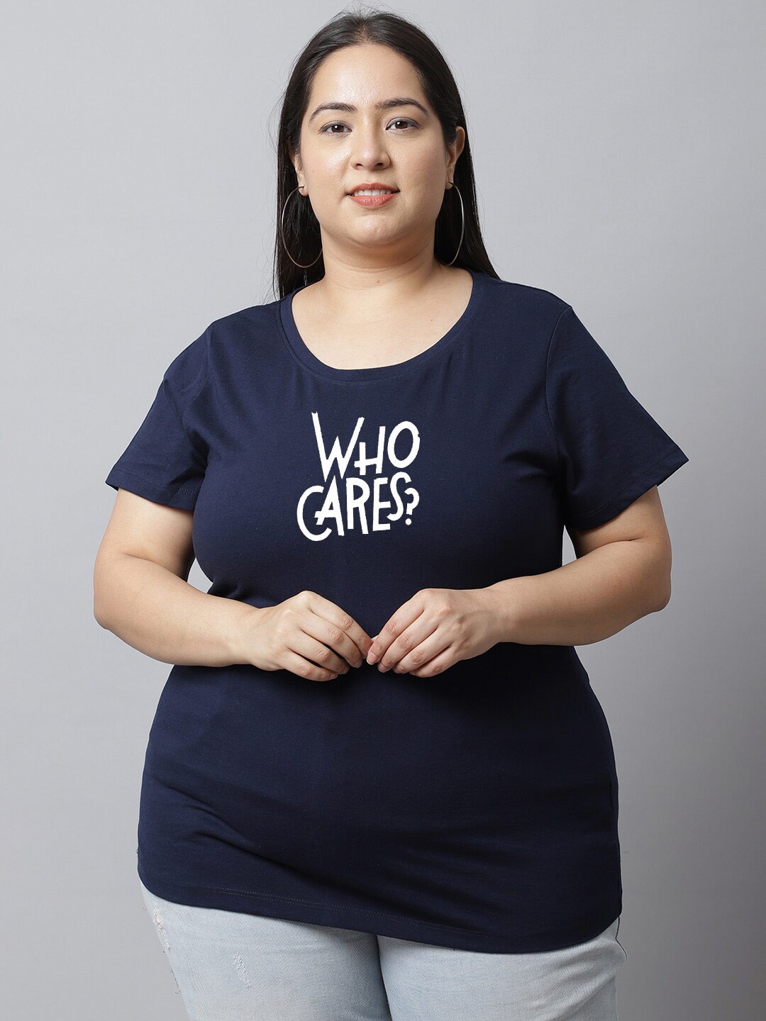 

UnaOne Plus Size Typography Printed Cotton T-Shirt, Navy blue