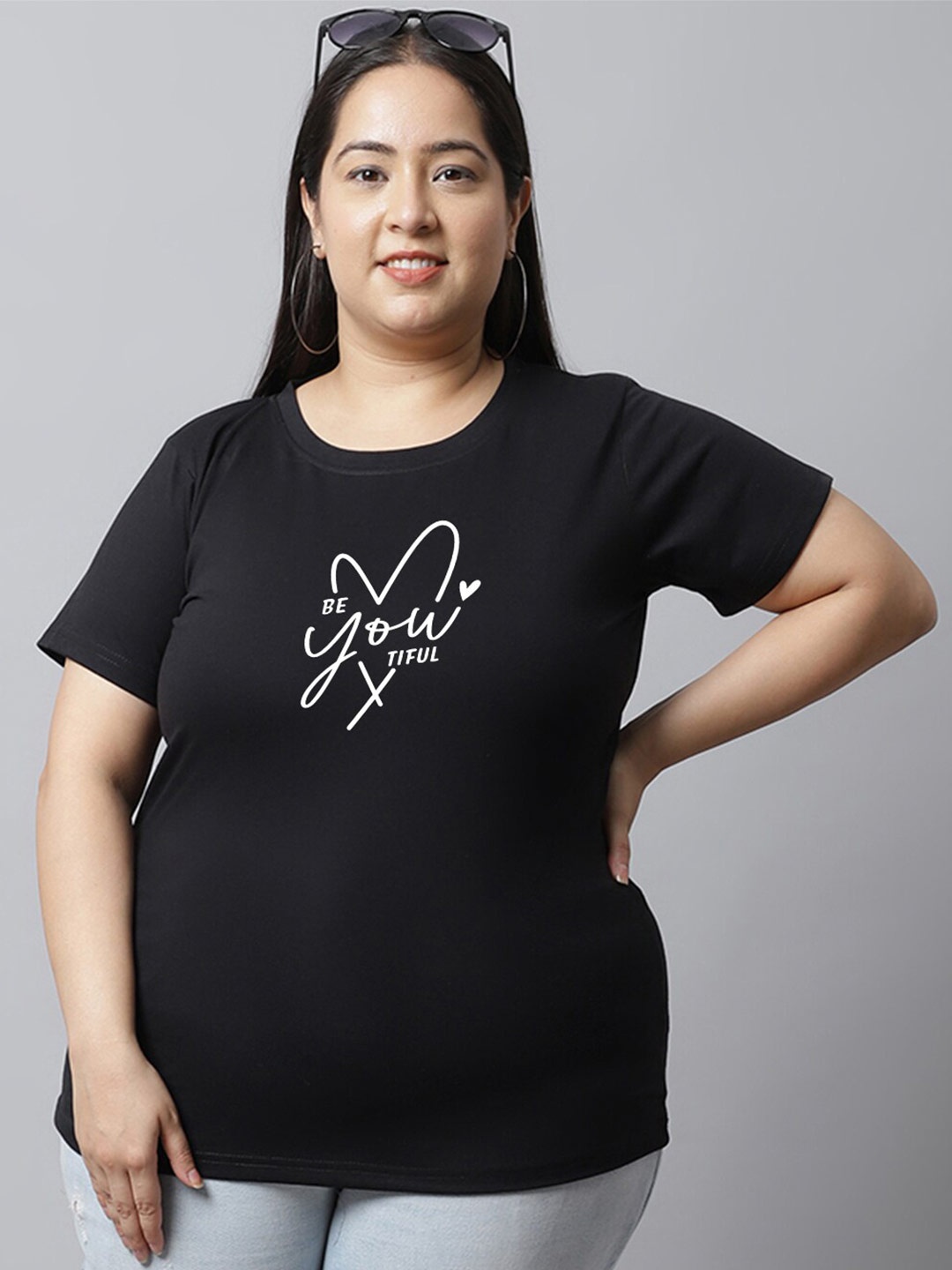 

UnaOne Plus Size Typography Printed Regular Fit Cotton T-shirt, Black