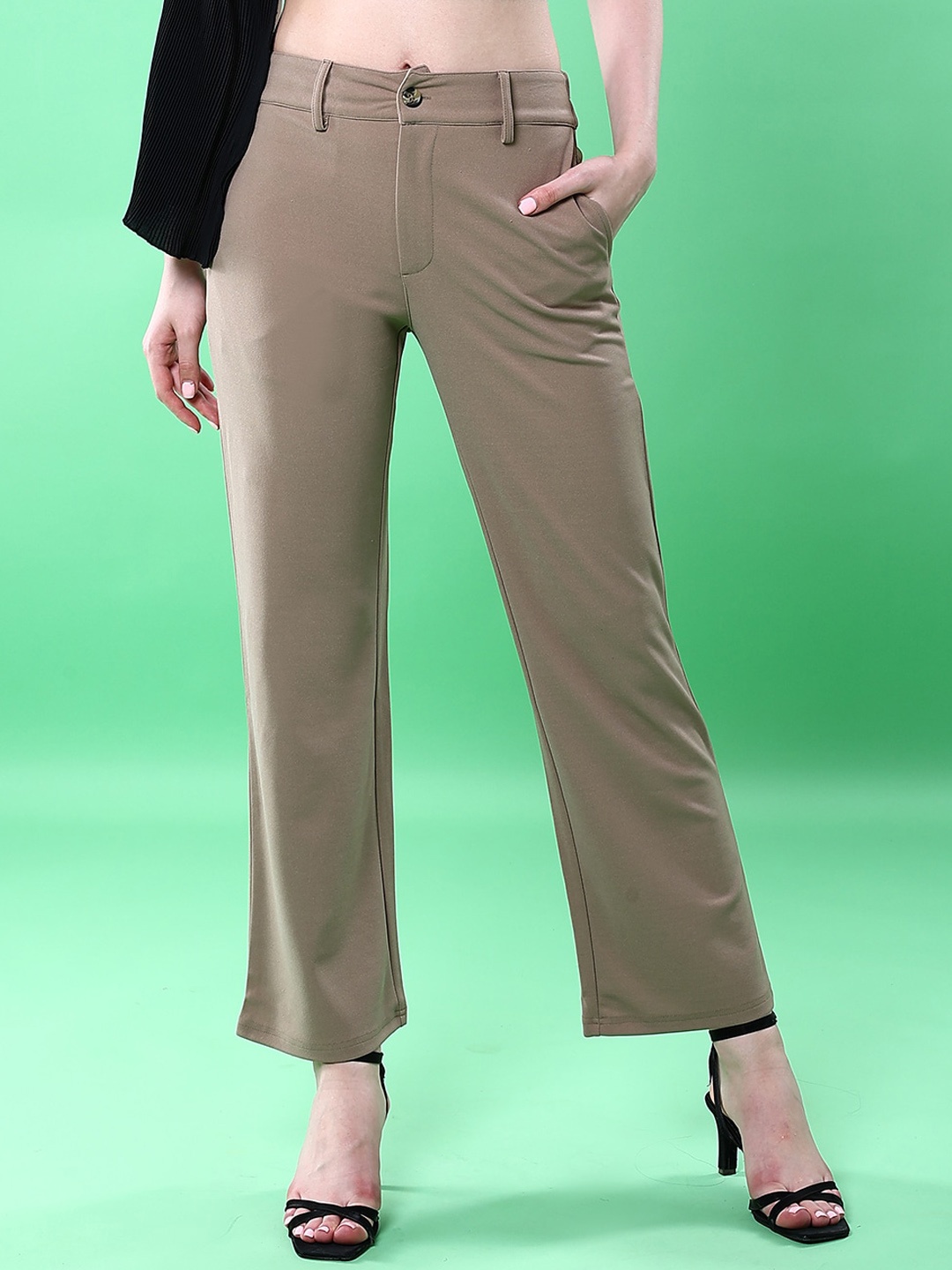 

Freehand by The Indian Garage Co Women Tapered Fit Mid-Rise Flat-Front Plain Trousers, Beige