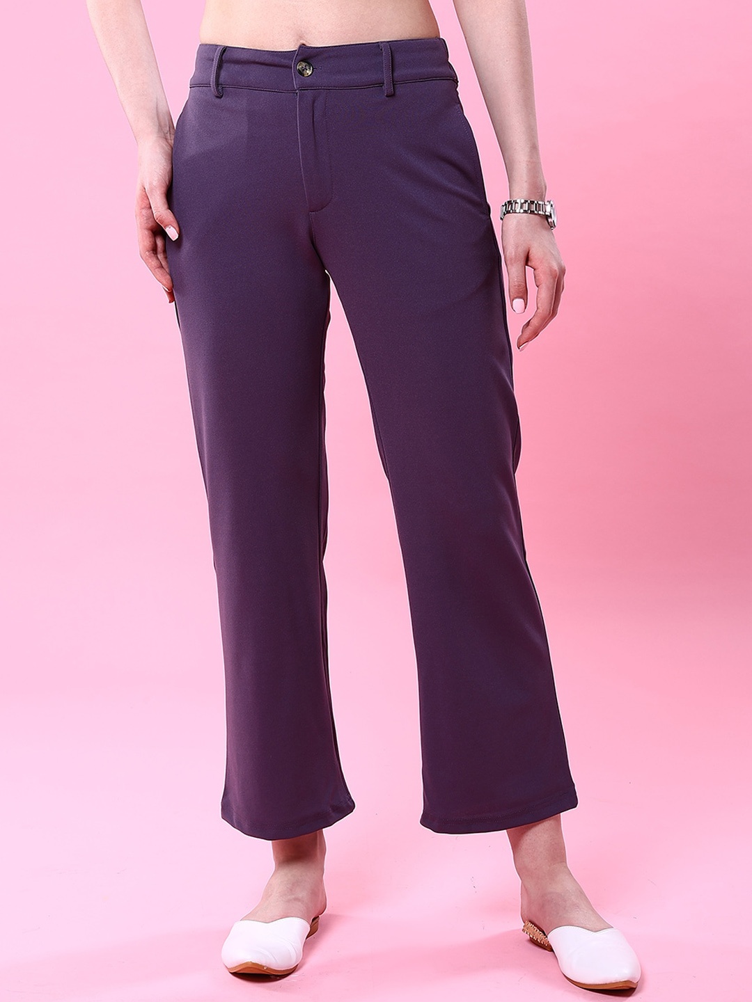 

Freehand by The Indian Garage Co Women Purple Tapered Fit Mid-Rise Cropped Trousers