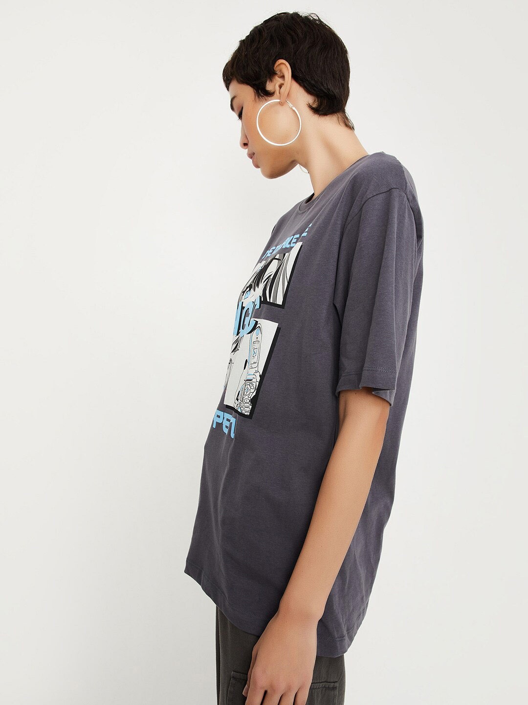 

max Graphic Printed V-Neck Pure Cotton T-shirt, Grey