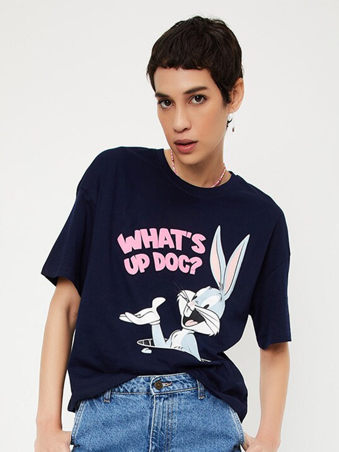 

max Typography Printed Drop-Shoulder Sleeves Pure Cotton Casual T-shirt, Navy blue