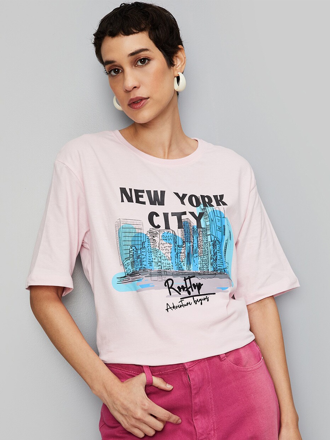 

max Typography Printed Round Neck Cotton T-shirt, Pink