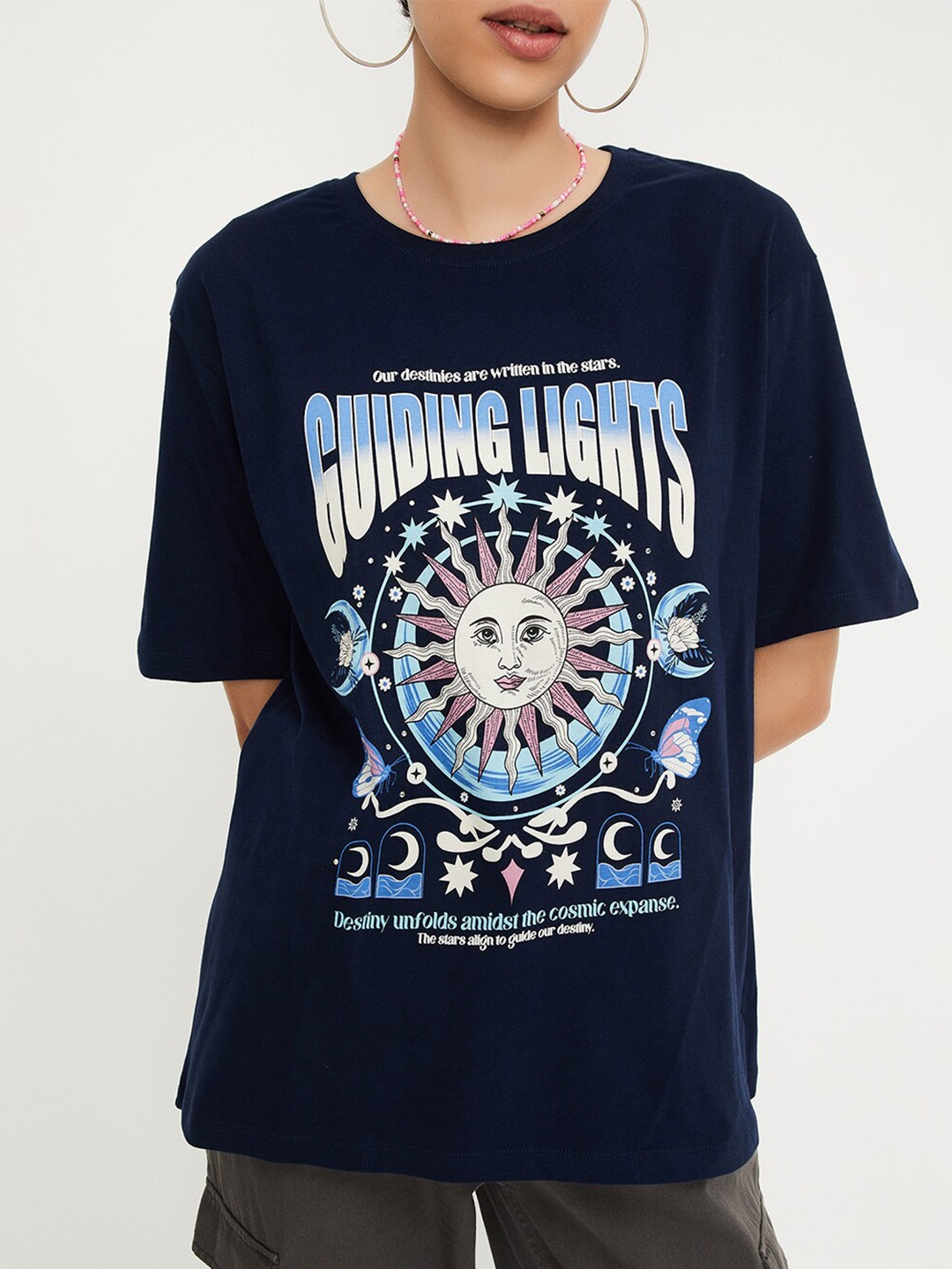 

max Graphic Printed Drop-Shoulder Sleeves Pure Cotton Casual T-shirt, Navy blue