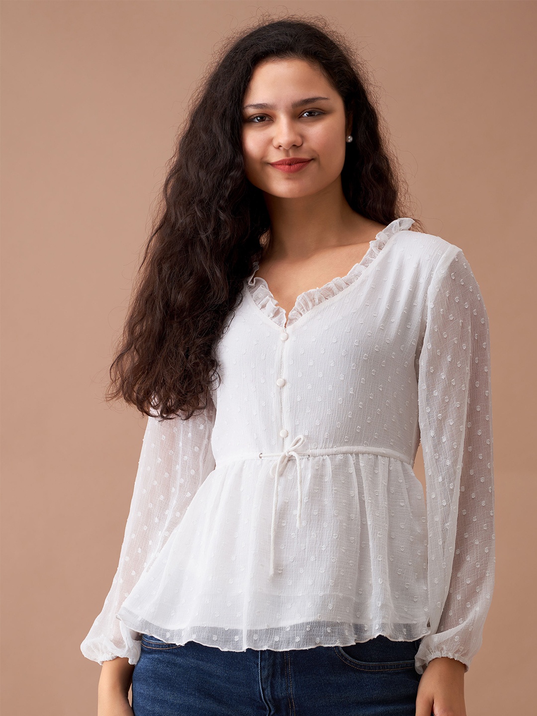 

AASK Self Design V-Neck Puff Sleeves Ruffle Detailed Peplum Top, White