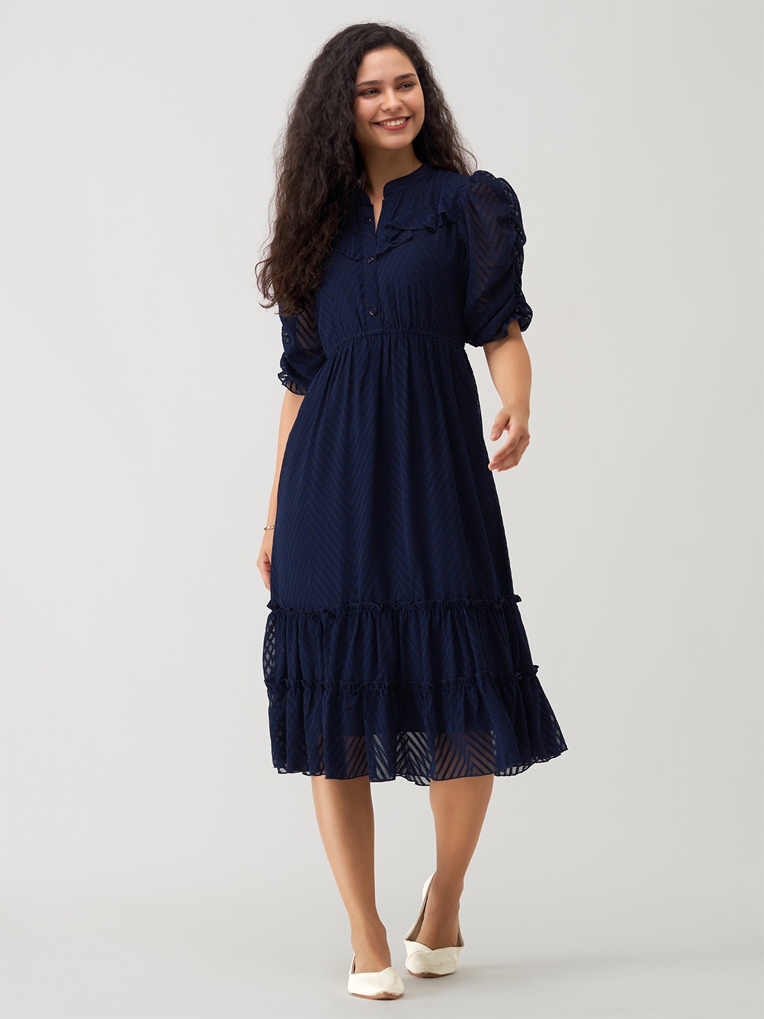 

AASK Chevron Printed Mandarin Collar Ruched Puff Sleeve Ruffled Fit & Flare Dress, Navy blue