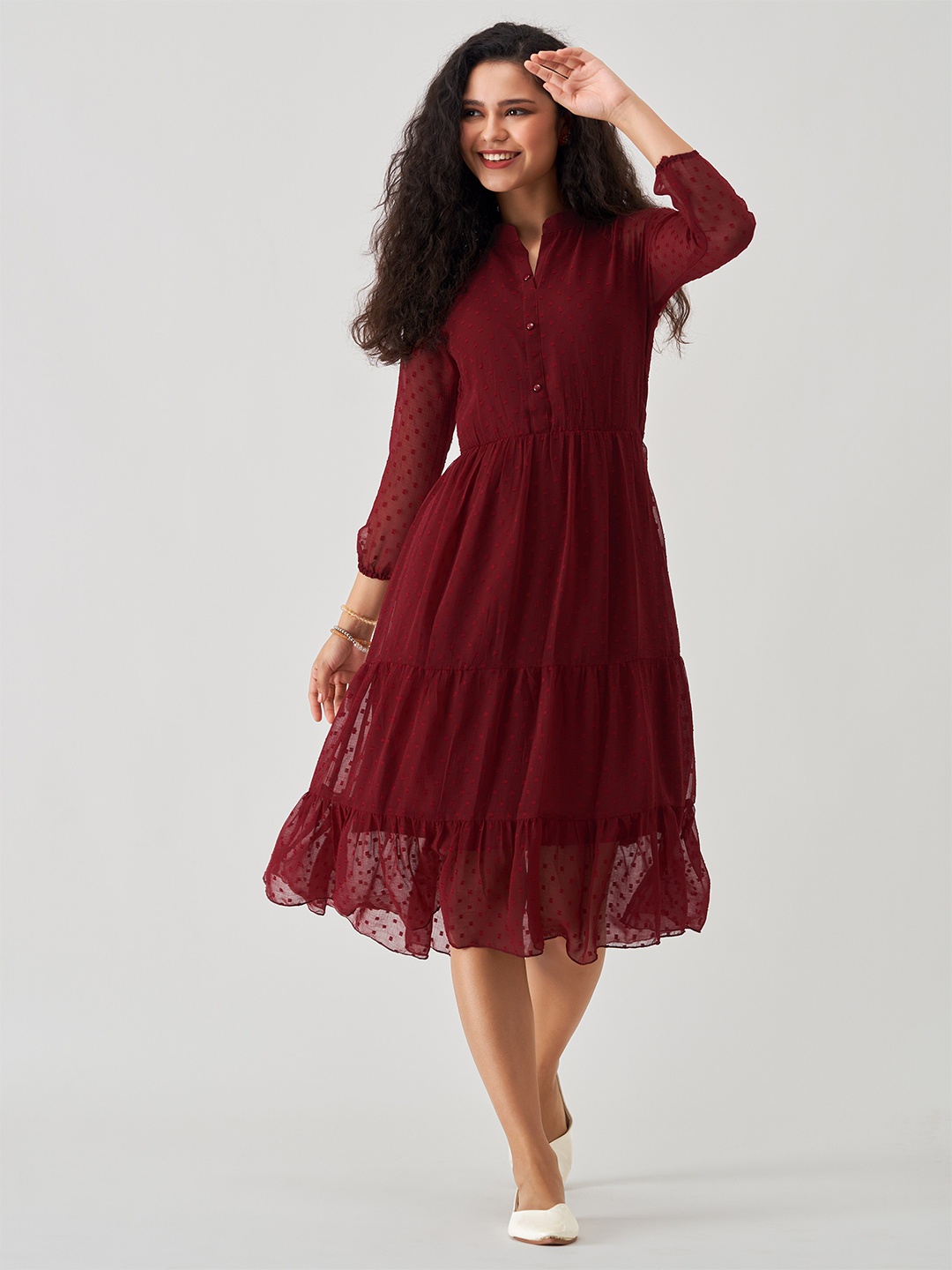 

AASK Self Design Mandarin Collar Tiered Fit & Flare Midi Dress, Maroon