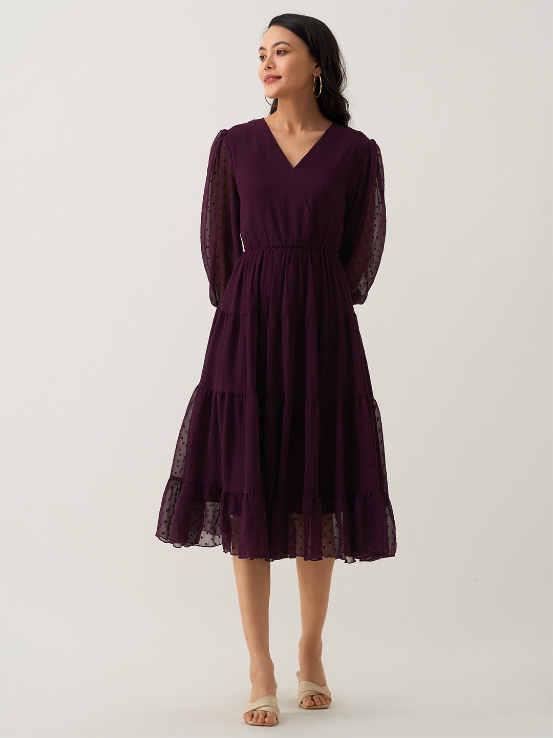 

AASK Self Design V-Neck Puff Sleeve Tiered Fit & Flare Midi Dress, Purple