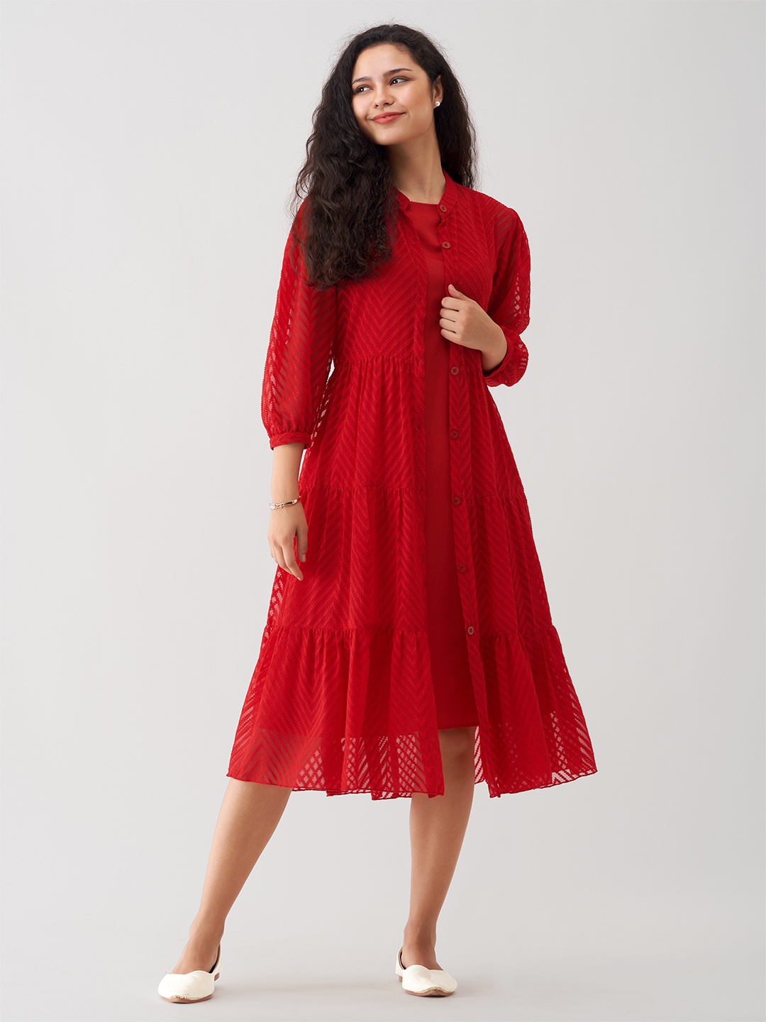 

AASK Chevron Printed Band Collar Puff Sleeve Tiered Fit & Flare Midi Dress, Red