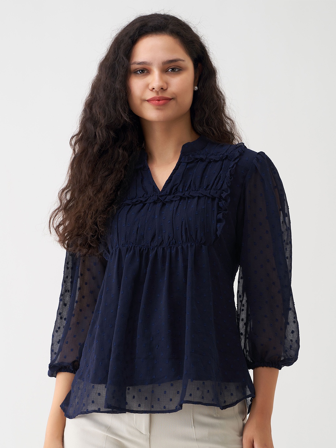 

AASK Self Design Mandarin Collar Puff Sleeve Pleated A-Line Top, Navy blue