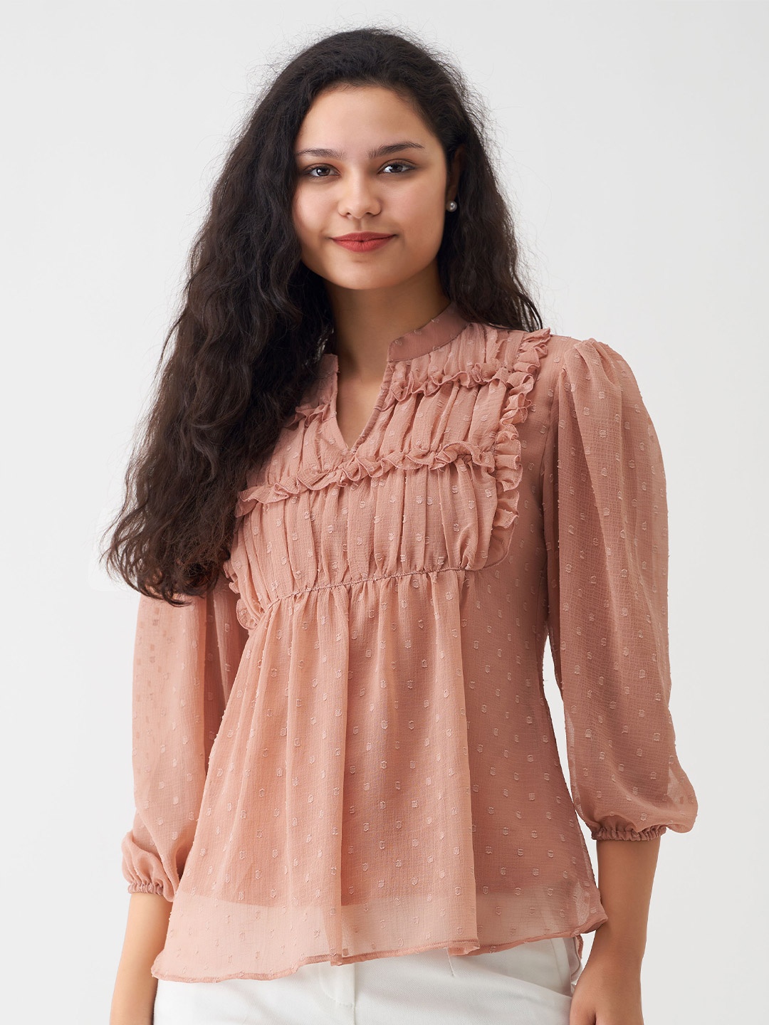 

AASK Self Design Puff Sleeves Pleated A-Line Top, Beige