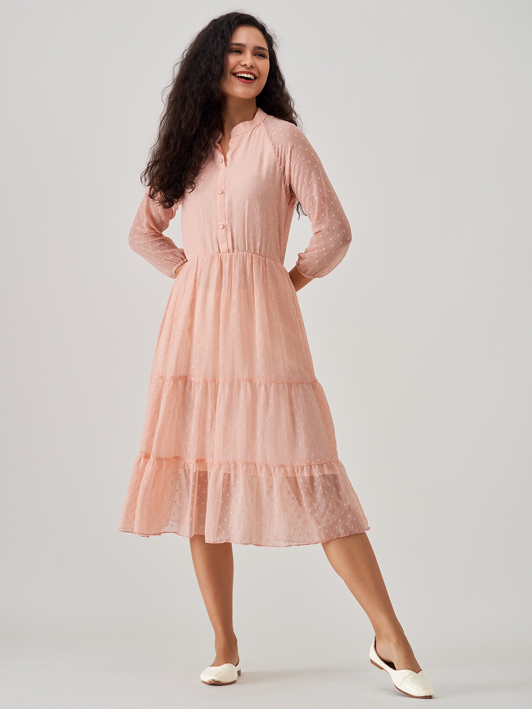 

AASK Self Design Puff Sleeve Fit & Flare Midi Dress, Peach