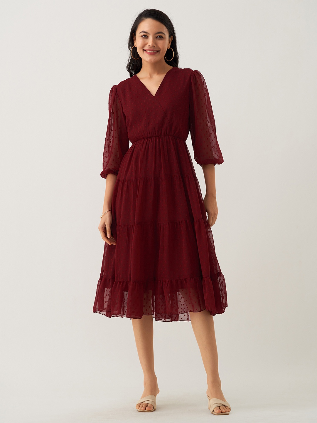 

AASK Self Design Puff Sleeve Fit & Flare Midi Dress, Maroon