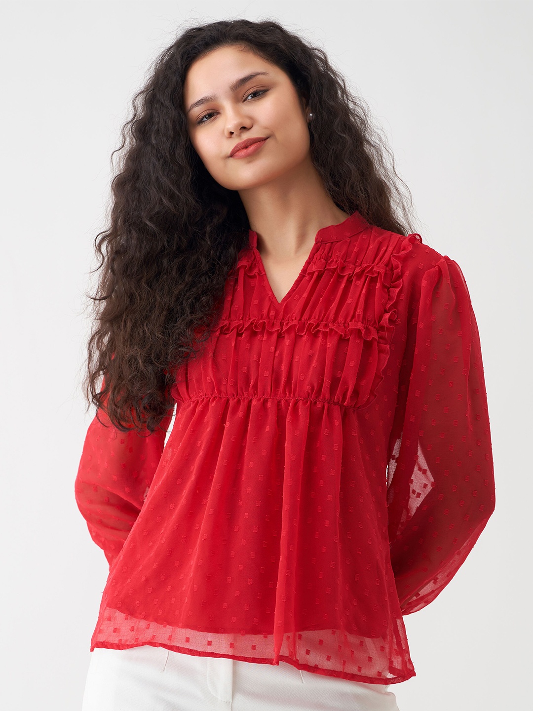 

AASK Self Design Puff Sleeves Pleated A-Line Top, Red