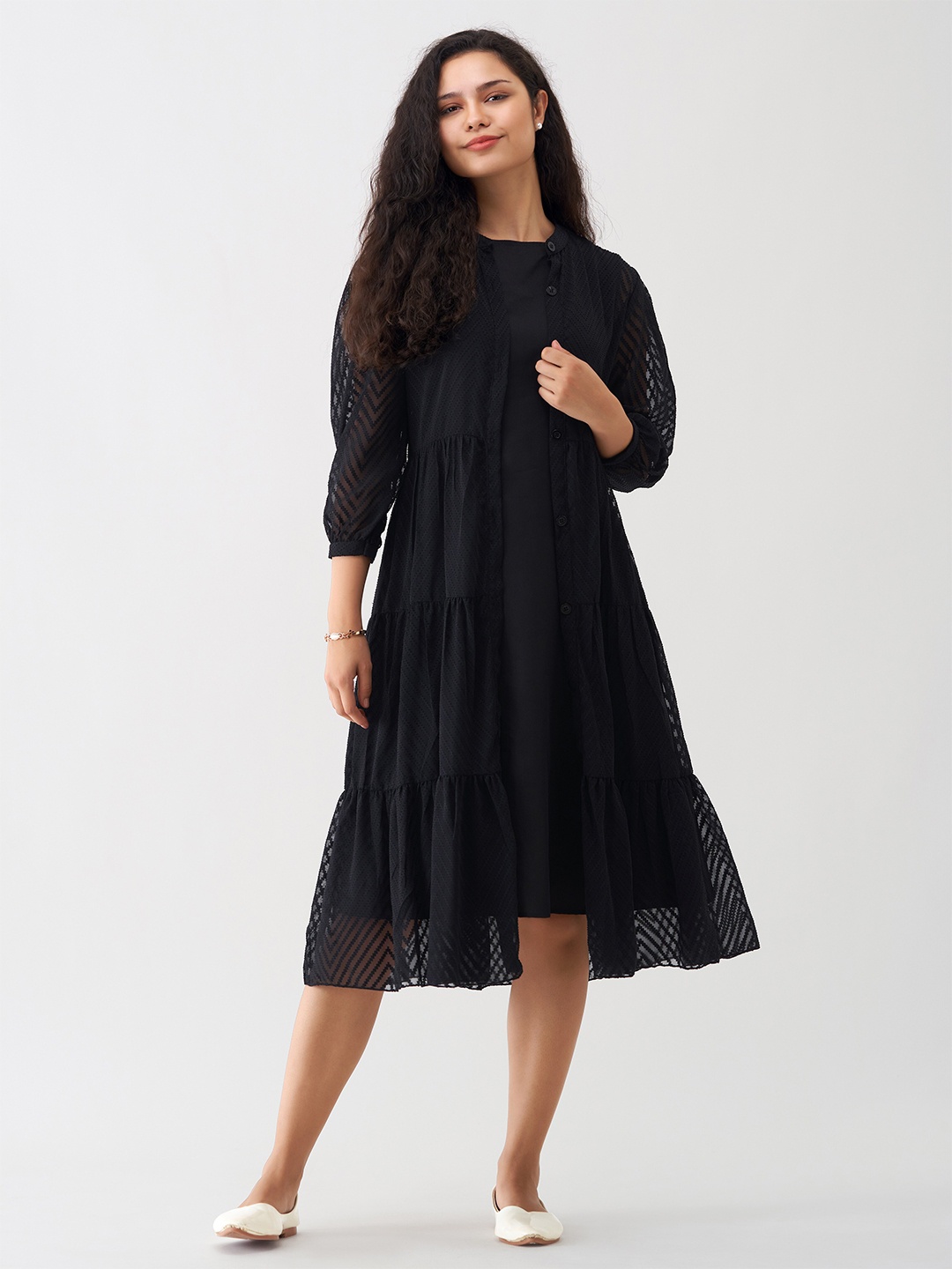 

AASK Self Design Puff Sleeve Fit & Flare Midi Dress With Shrug, Black