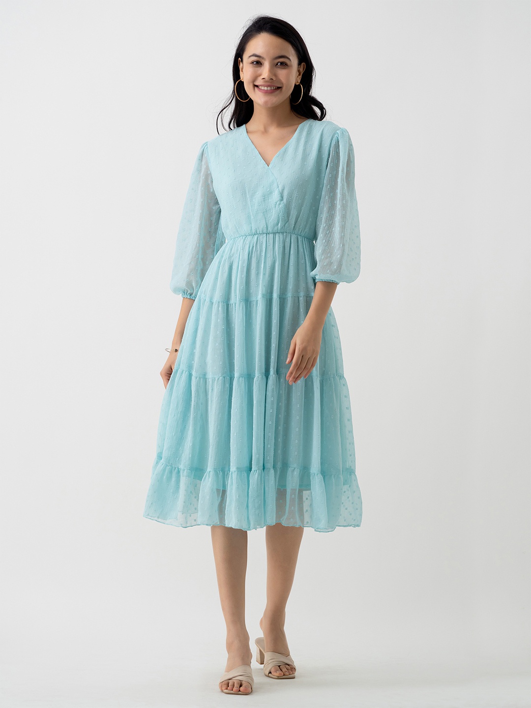 

AASK Self Design Puff Sleeve Fit & Flare Midi Dress, Blue
