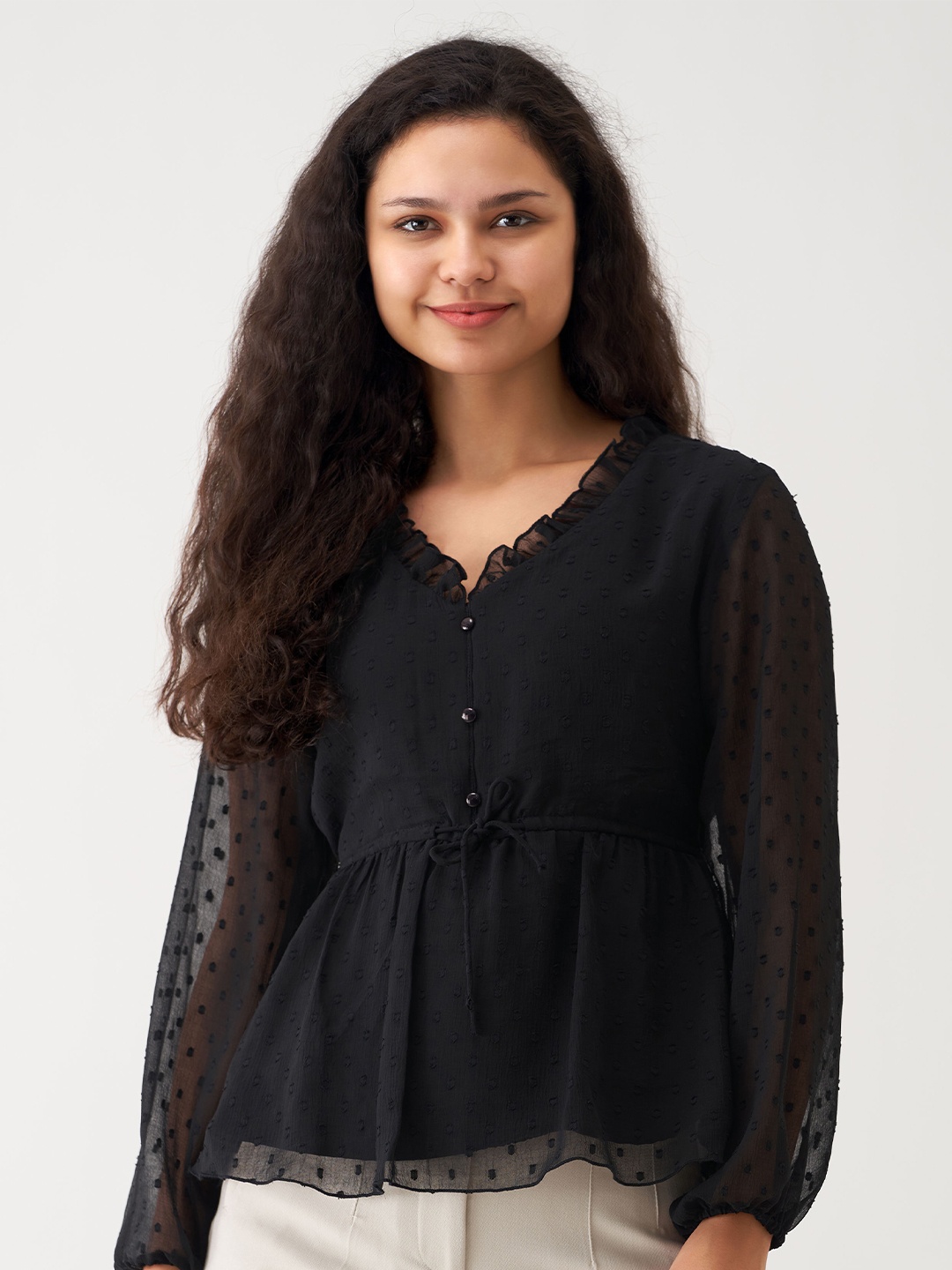 

AASK Self Design V-Neck Ruffled Peplum Top, Black