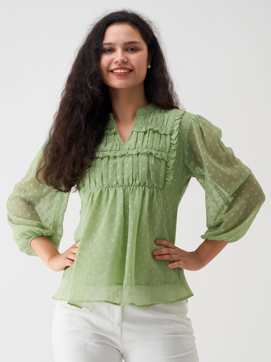 

AASK Self Design Puff Sleeves Pleated A-Line Top, Green