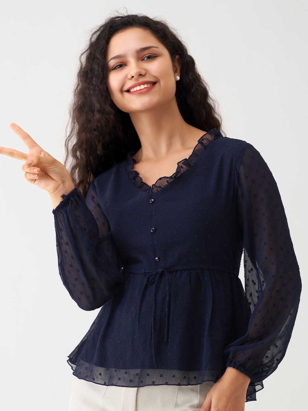 

AASK Self Design V-Neck Long Sleeve Gathered Cinched Waist Top, Navy blue