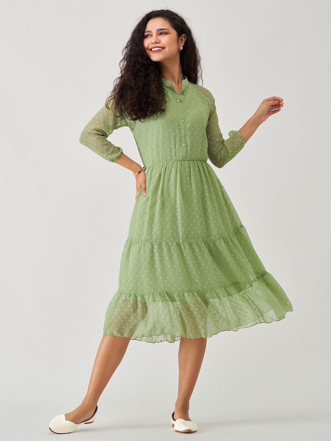 

AASK Self Design Puff Sleeve Crepe Tiered A-Line Midi Dress, Green