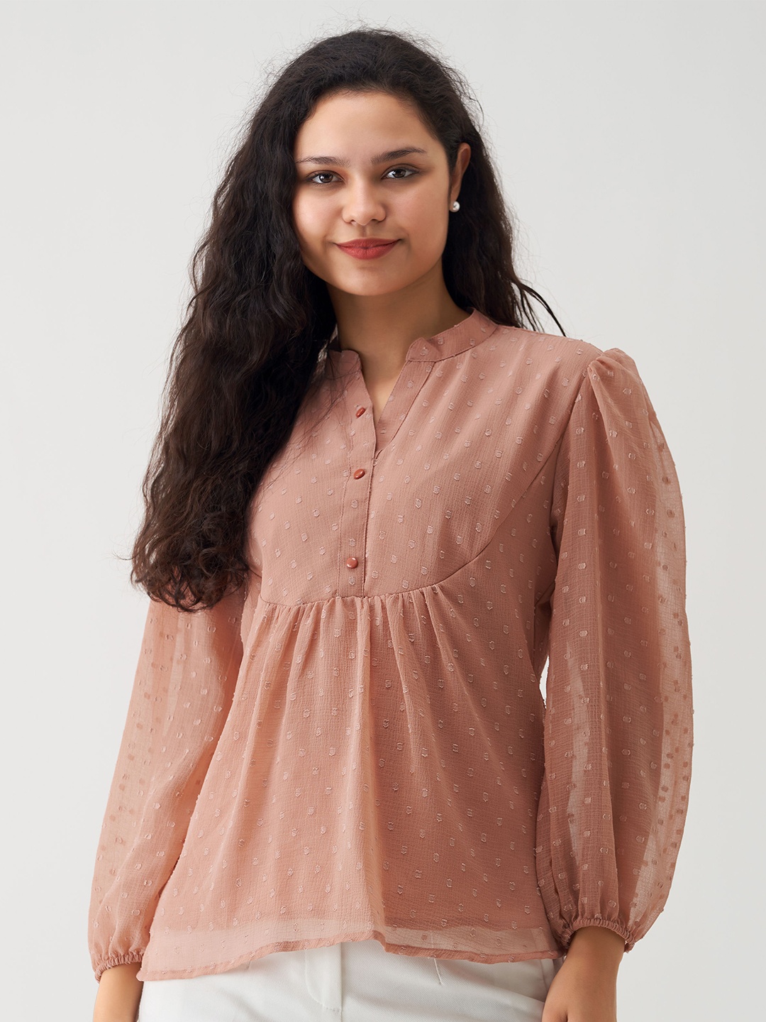 

AASK Self Design Mandarin Collar Puff Sleeve Gathered A-Line Top, Beige