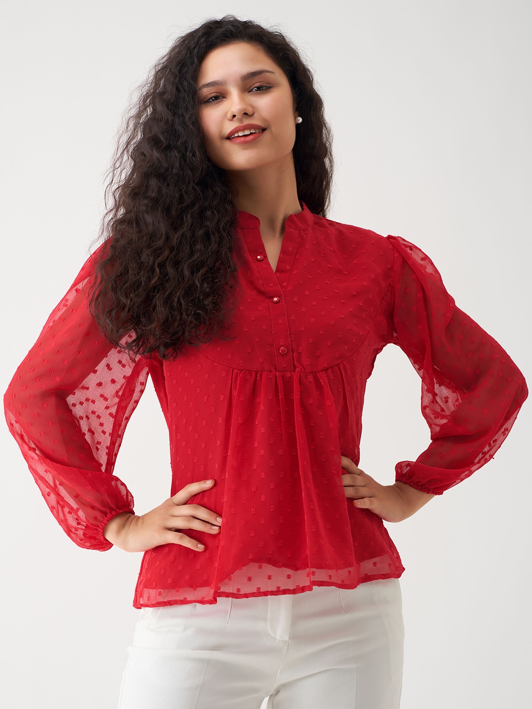 

AASK Self Design Mandarin Collar Puff Sleeve Gathered A-Line Top, Red