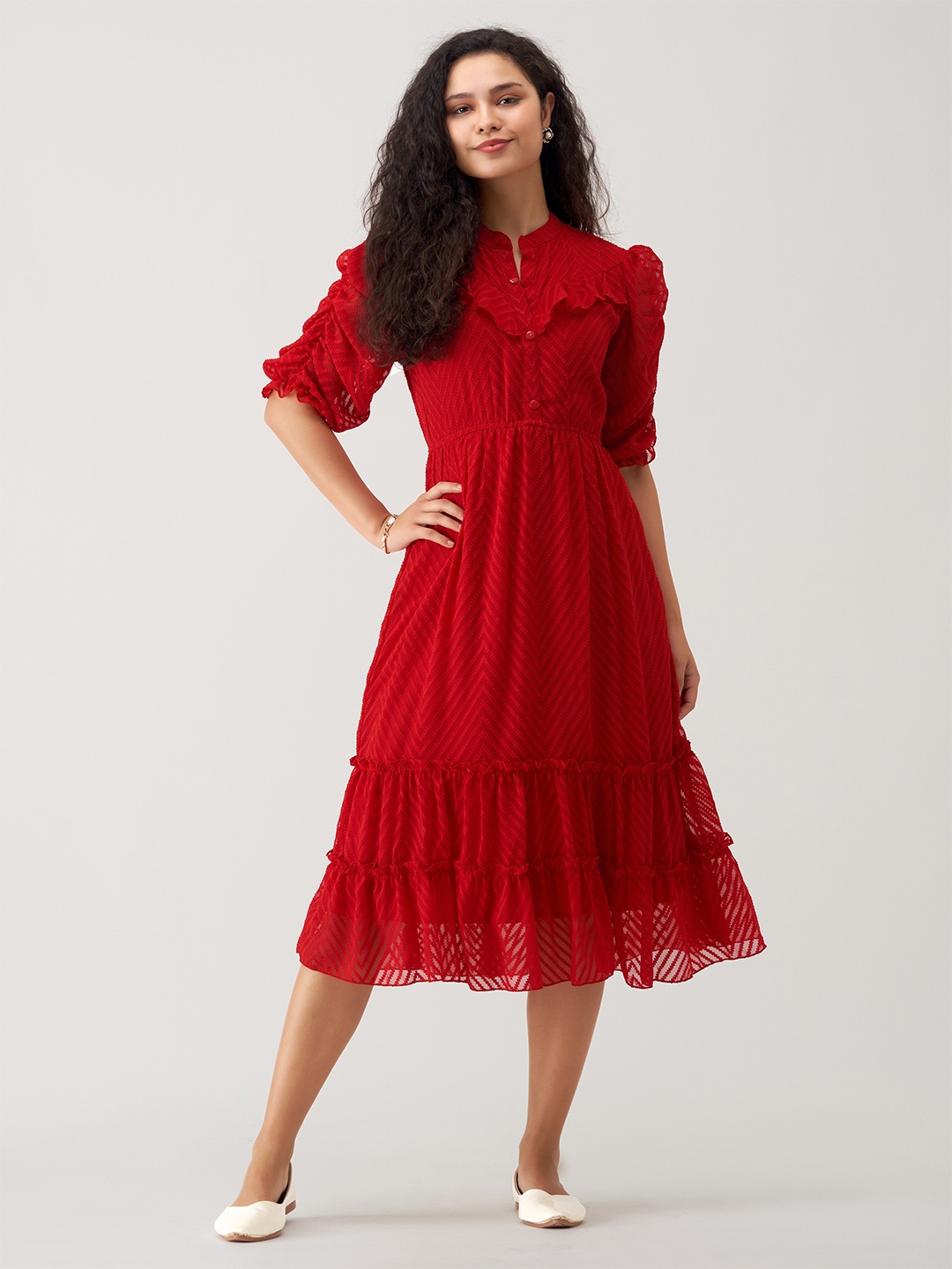 

AASK Self Design Puff Sleeve Crepe Ruffled Fit & Flare Midi Dress, Red