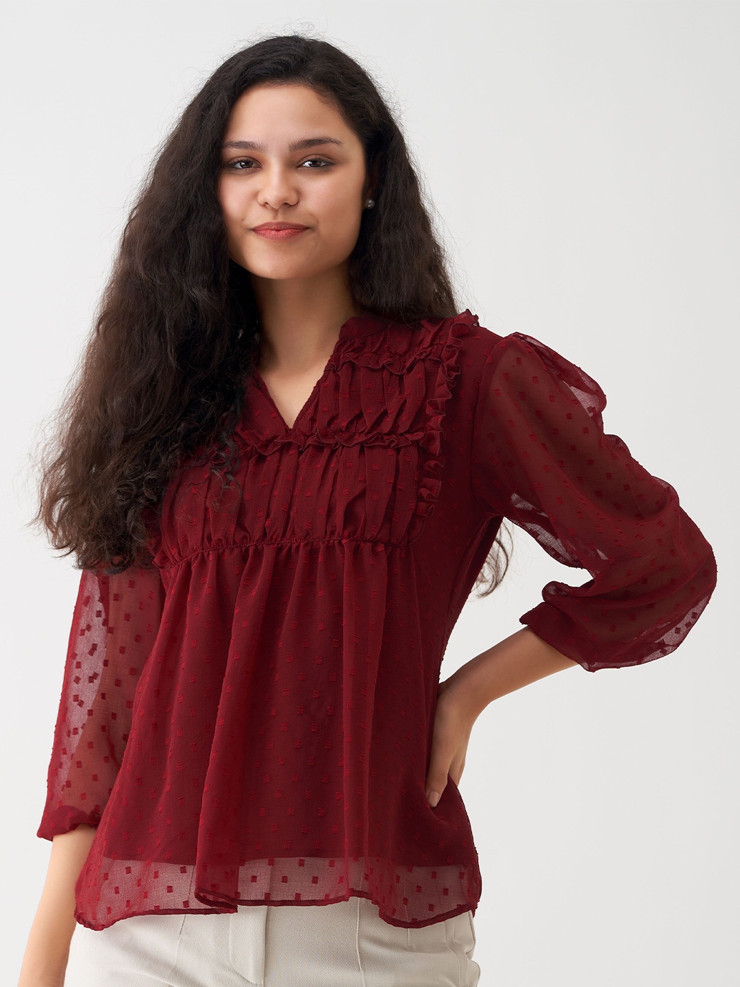 

AASK Self Design Mandarin Collar Puff Sleeve Pleated A-Line Top, Maroon