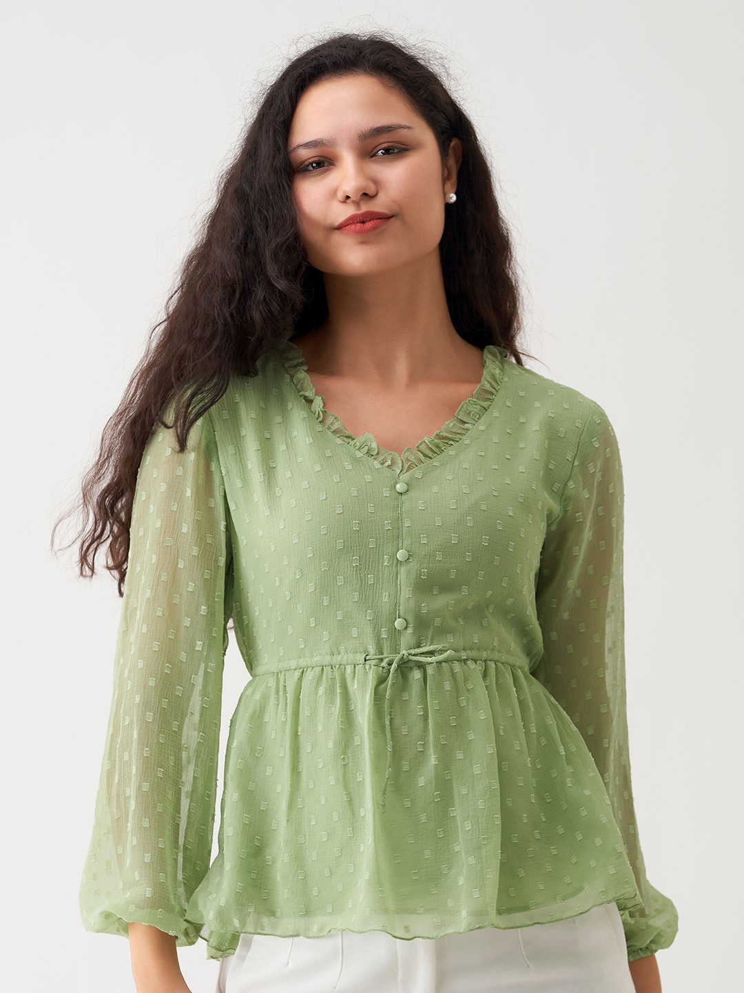 

AASK Self Design V-Neck Long Sleeve Gathered Cinched Waist Top, Green
