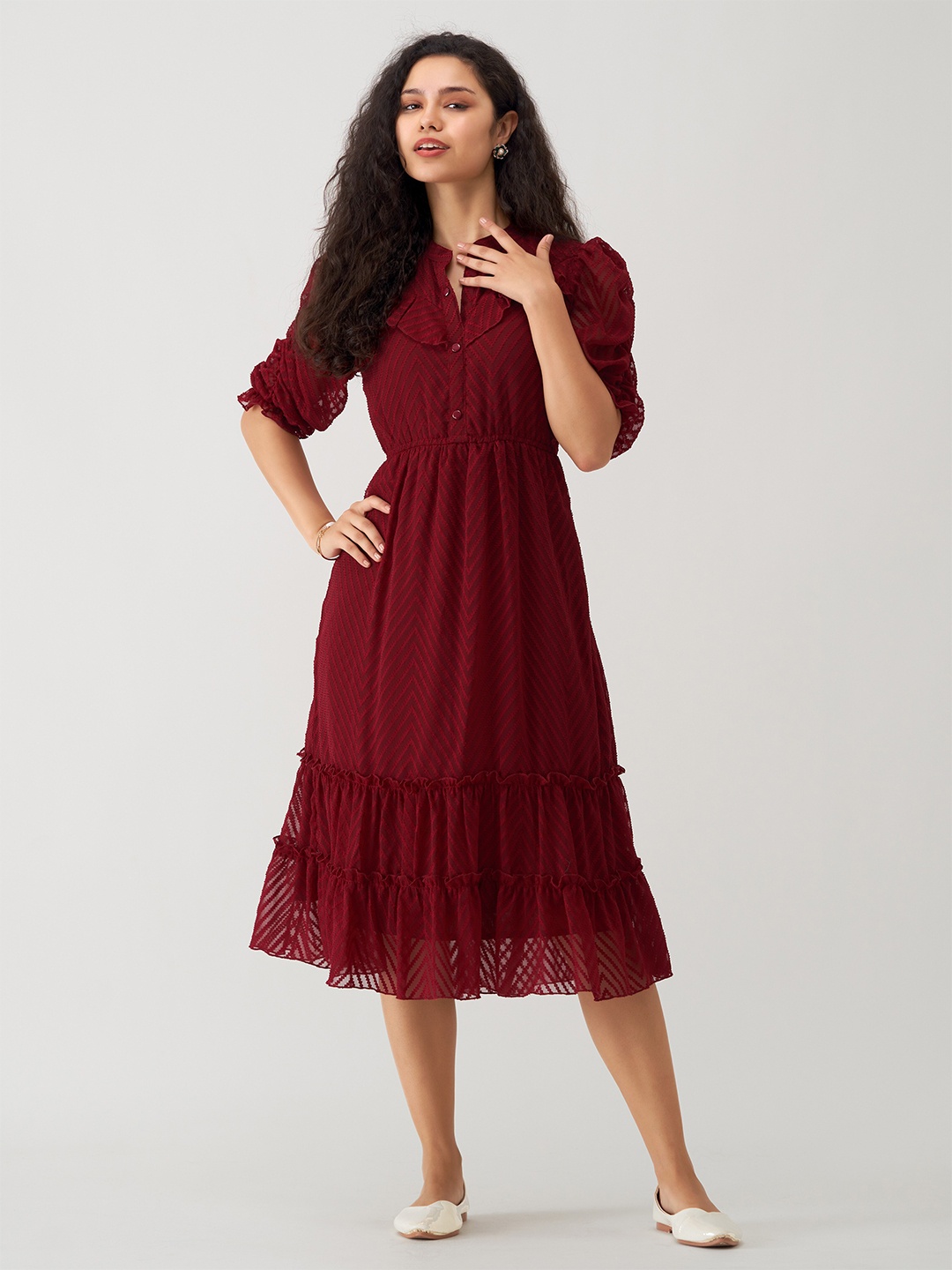 

AASK Self Design Puff Sleeve Crepe Ruffled Fit & Flare Midi Dress, Maroon