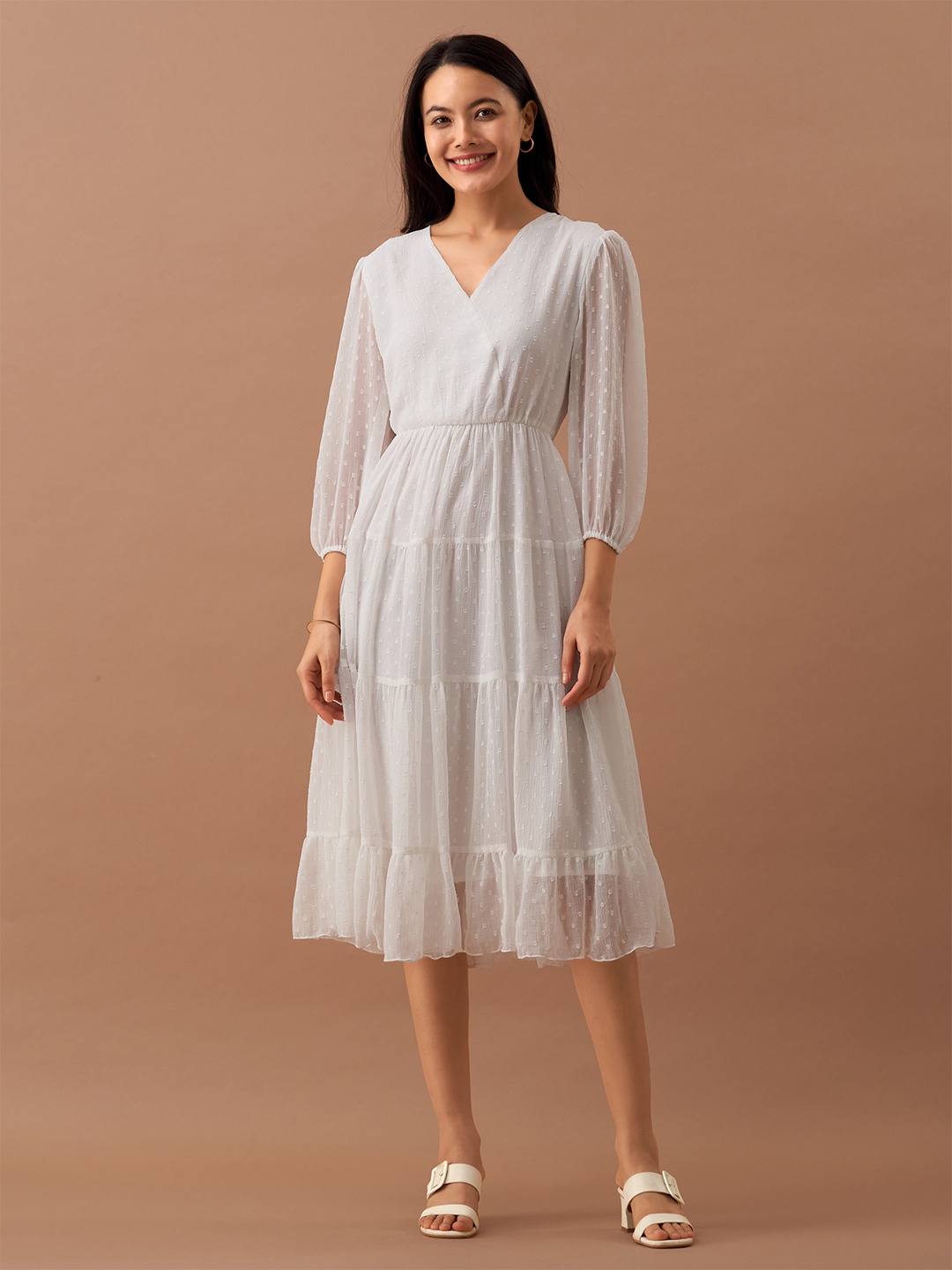 

AASK Self Design Crepe Tiered Fit & Flare Midi Dress, White