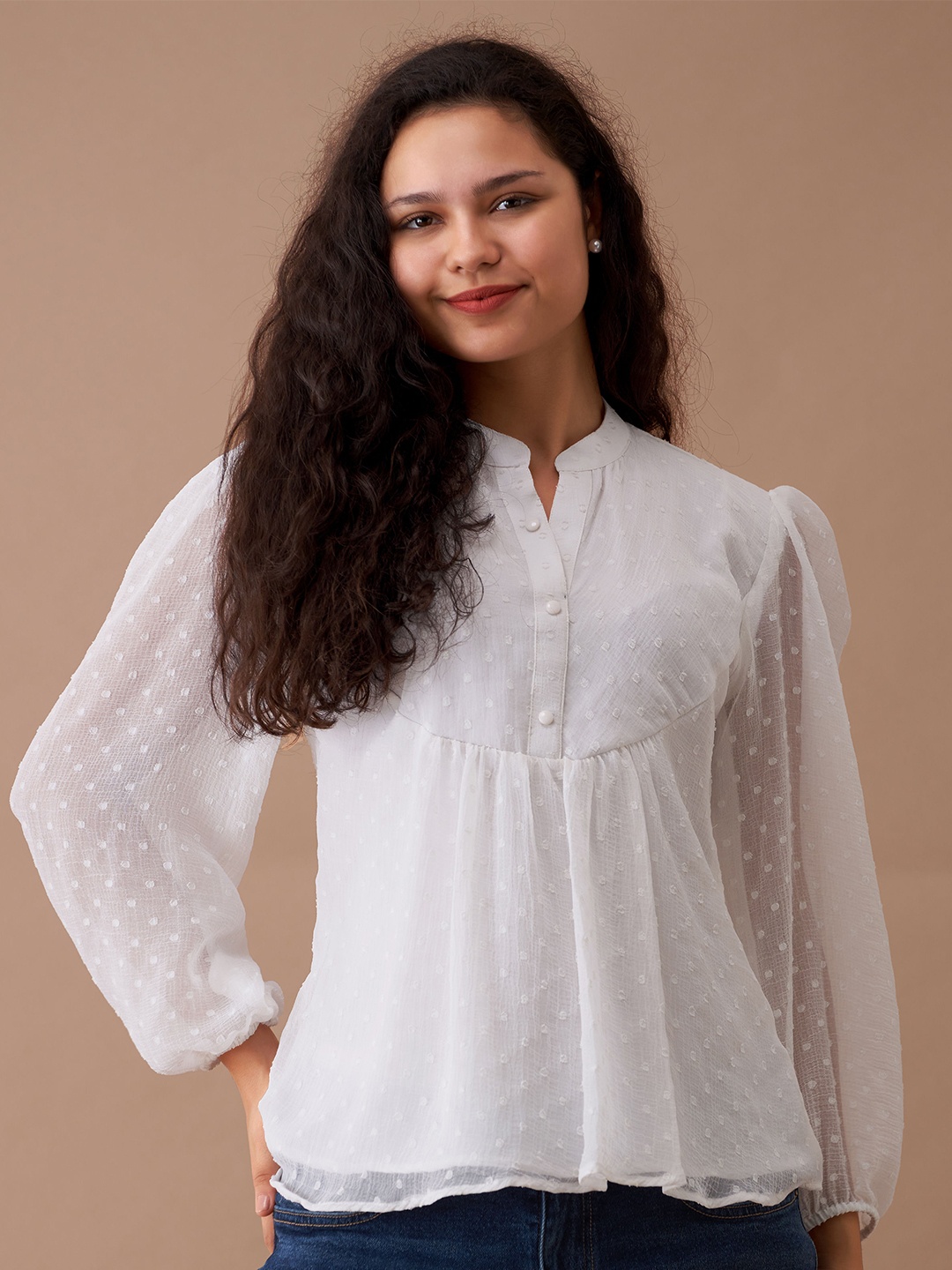 

AASK Self Design Puff Sleeves Mandarin Collar Gathered A-Line Top, White