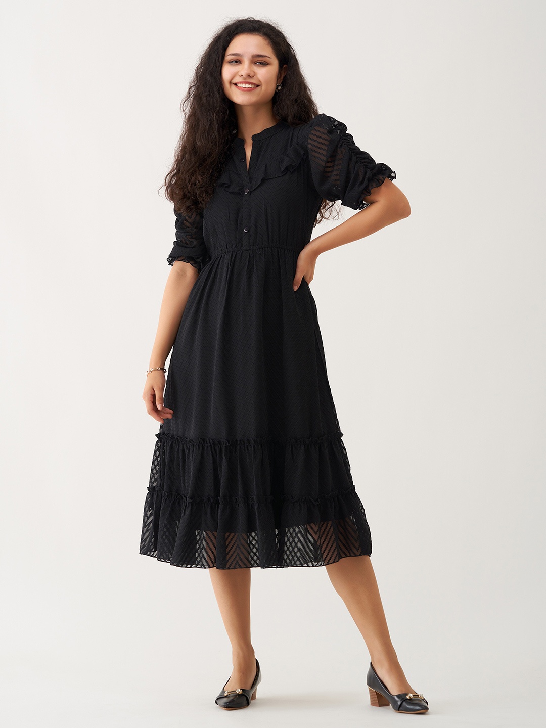 

AASK Self Design Puff Sleeve Crepe Ruffled Fit & Flare Midi Dress, Black