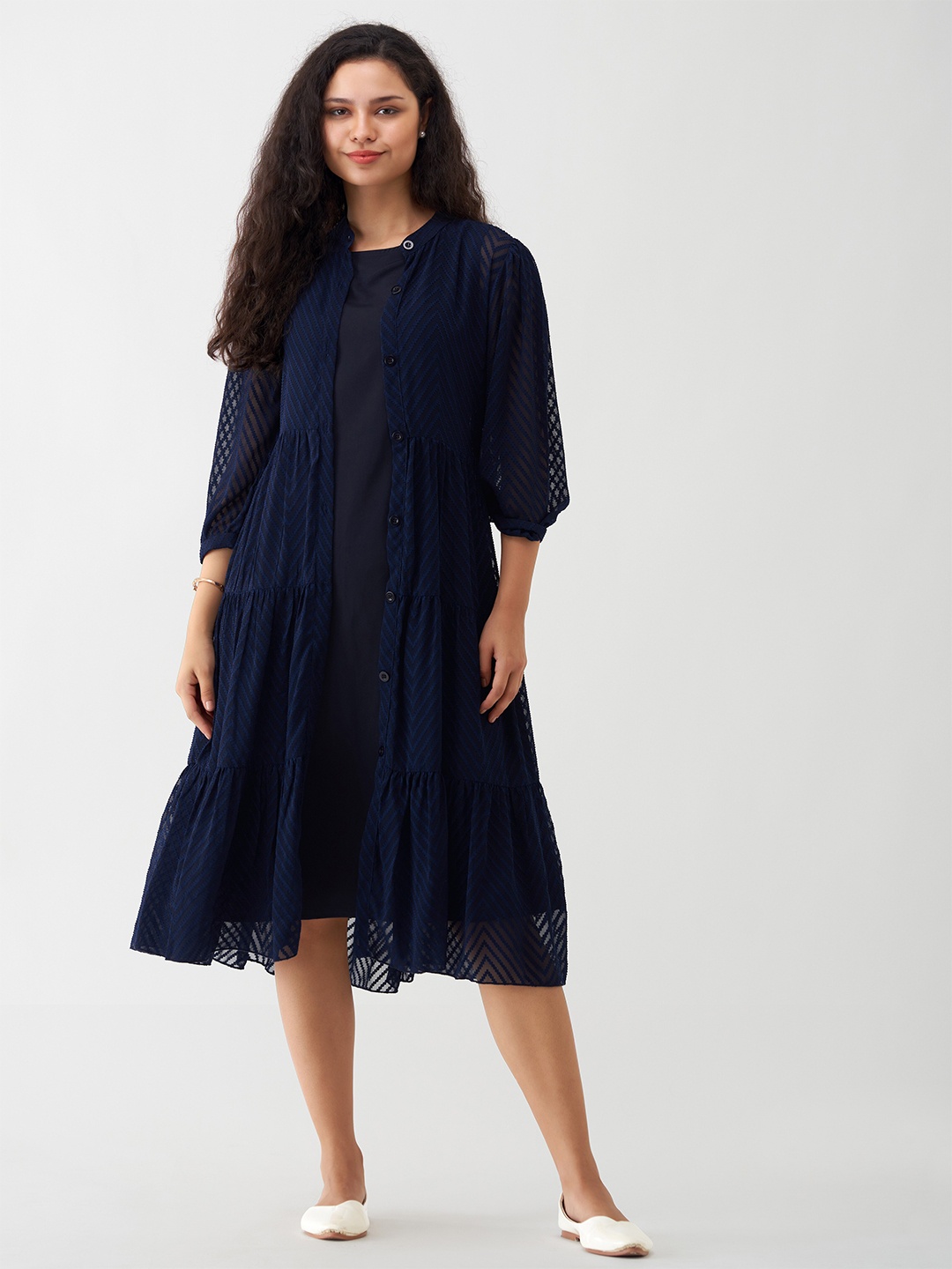 

AASK Round Neck A-Line Dress With Shrug, Navy blue