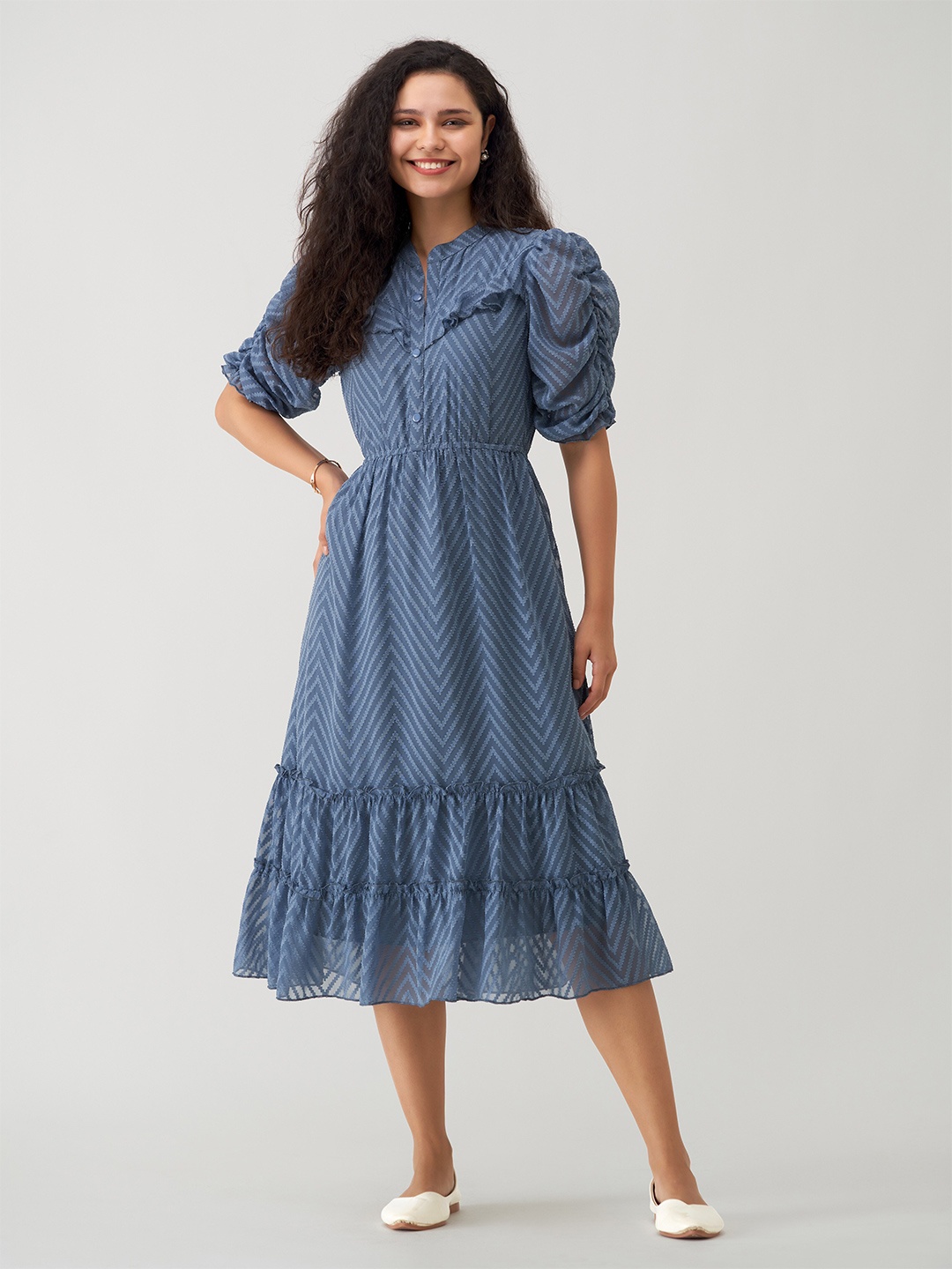 

AASK Self Design Puff Sleeves Gathered Tiered Fit & Flare Midi Dress, Blue