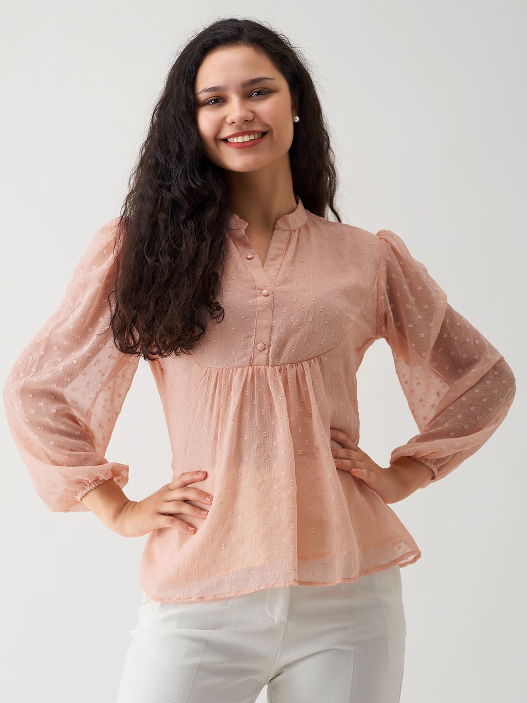 

AASK Self Design Puff Sleeves Mandarin Collar Gathered A-Line Top, Peach