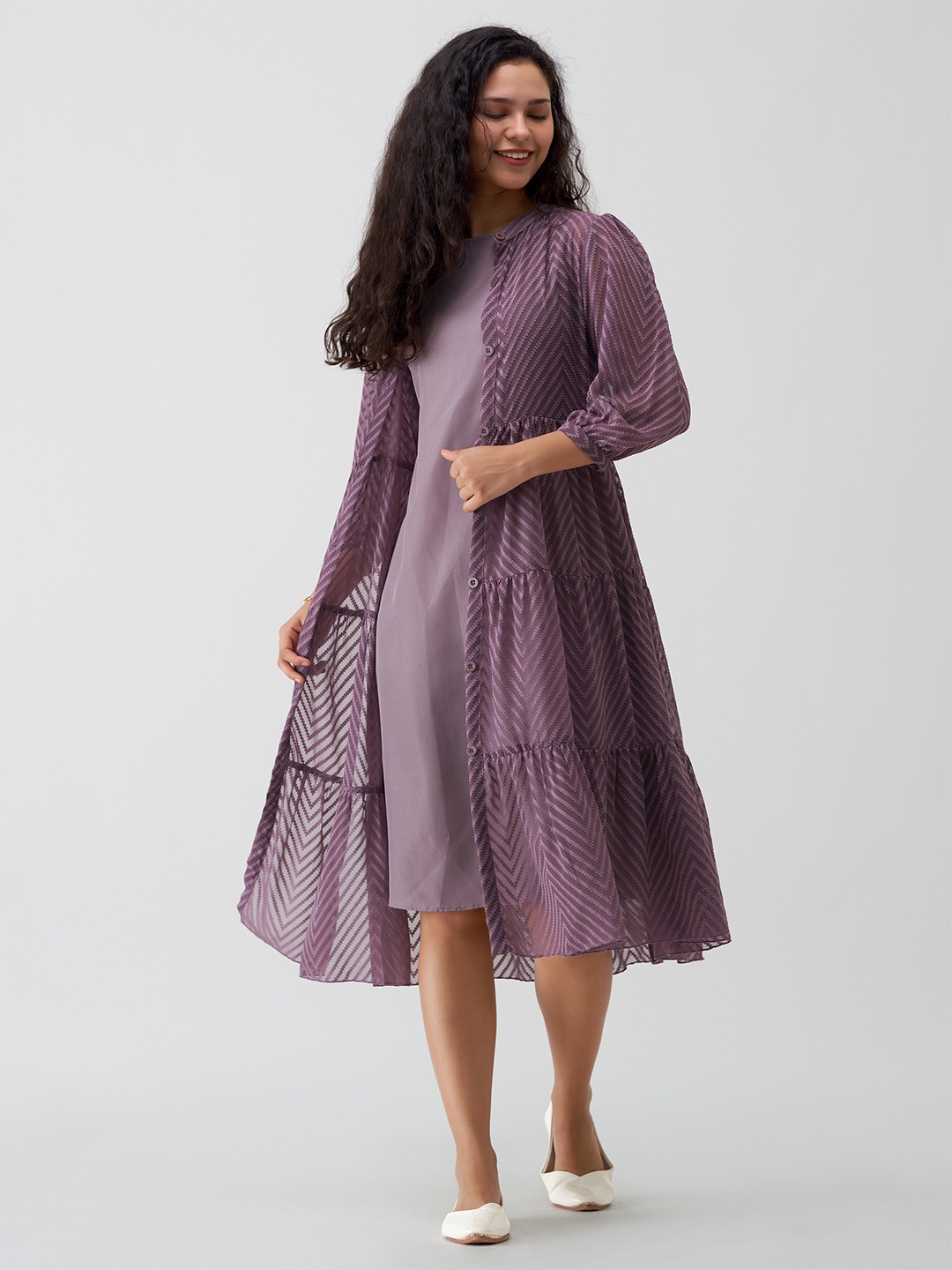 

AASK Round Neck A-Line Dress With Shrug, Purple