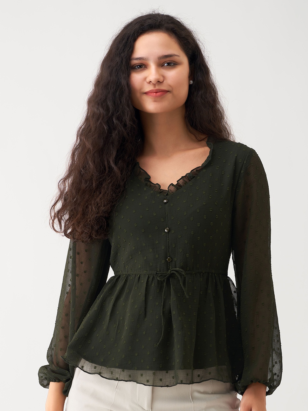 

AASK Self Design Puff Sleeves V-Neck Cinched Waist Top, Green