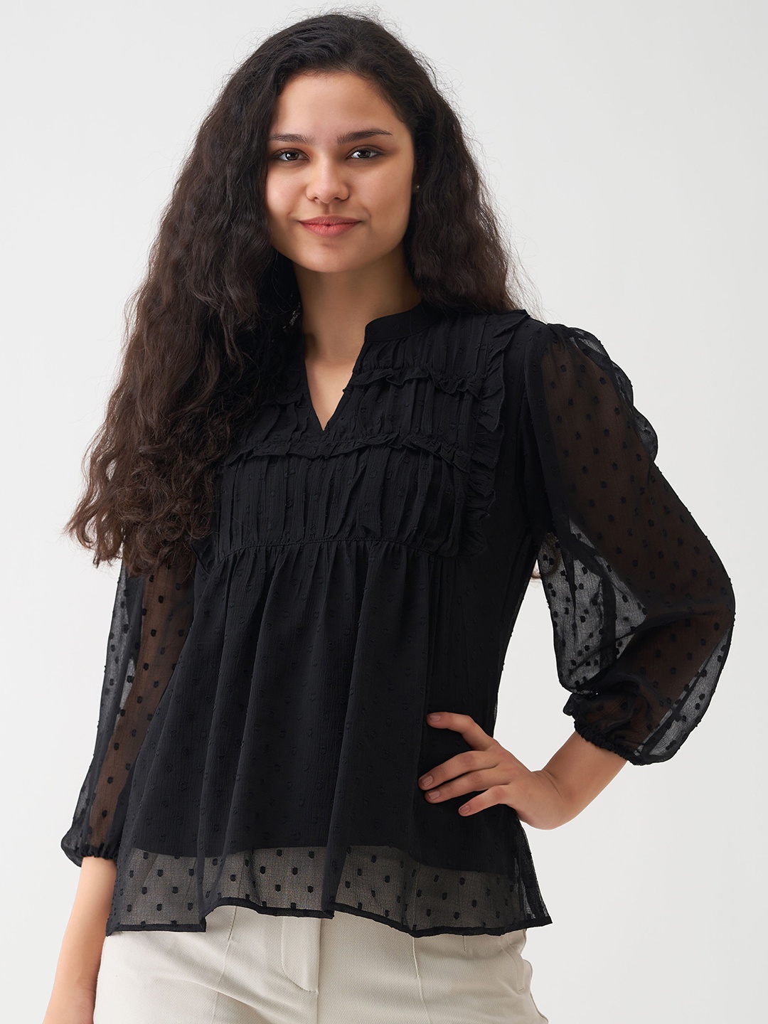 

AASK Self Design Puff Sleeves Mandarin Collar Ruffled Gathered A-Line Top, Black